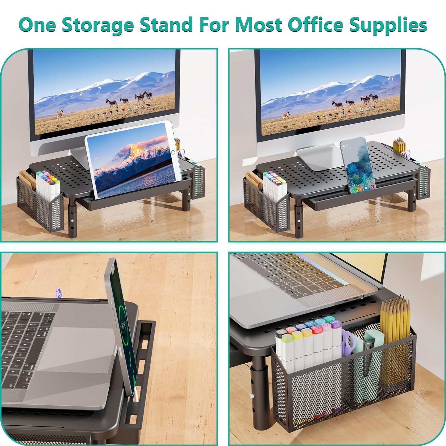 WALI Computer Monitor Stand with Storage, Desk Organizer with Drawer and Pen Holder, Desk Monitor Riser 3 Height Adjustable, Laptop Riser for Computer, Laptop, Printer (STT003DH-B), 1 Pack, Black