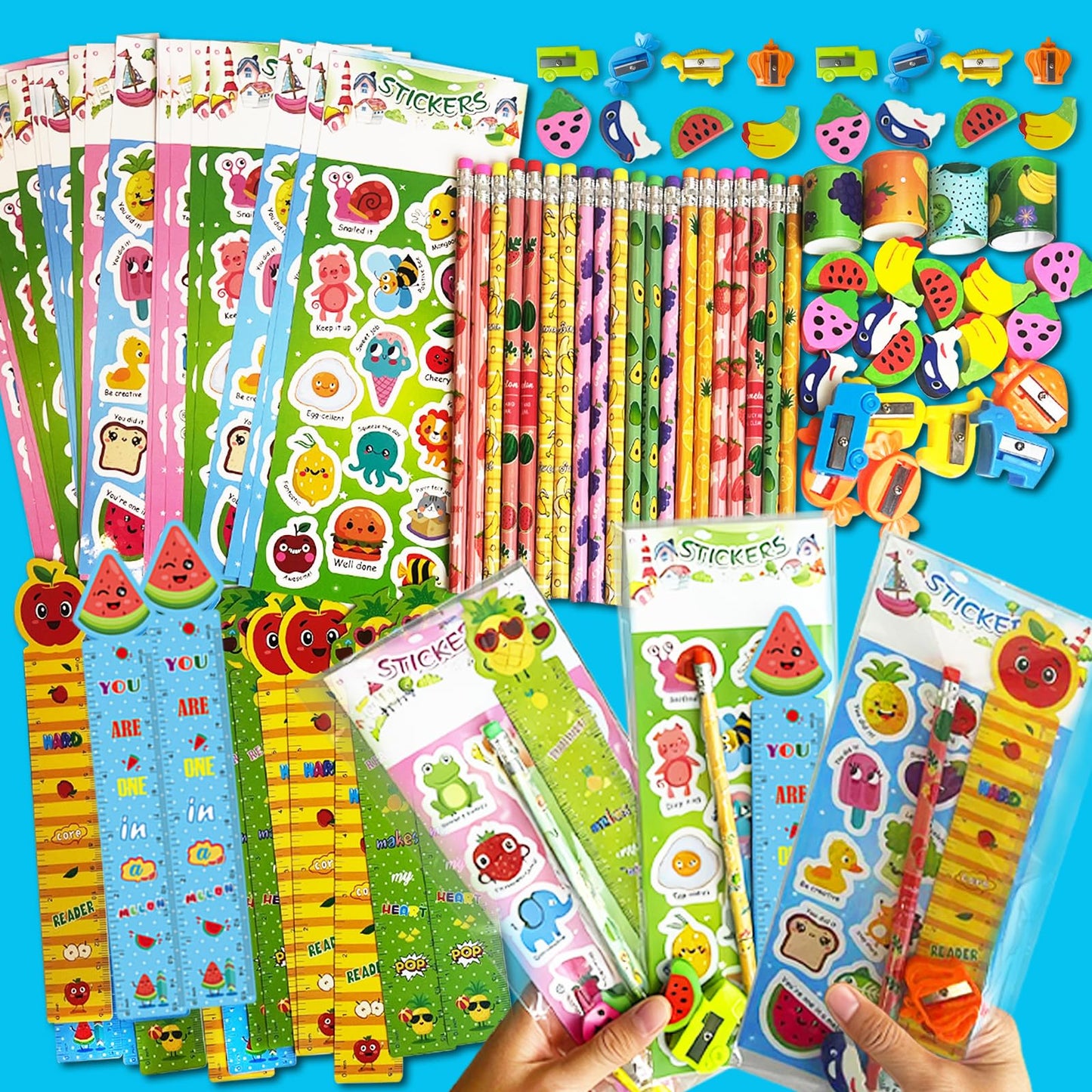 Stationery Party Packs, Birthday Goodie Bags with Stickers Rulers Pencils Erasers Sharpeners Slap Bracelets for Goodie Bags Classroom Return Gifts Class Birthday Gifts for Student (28Pack)