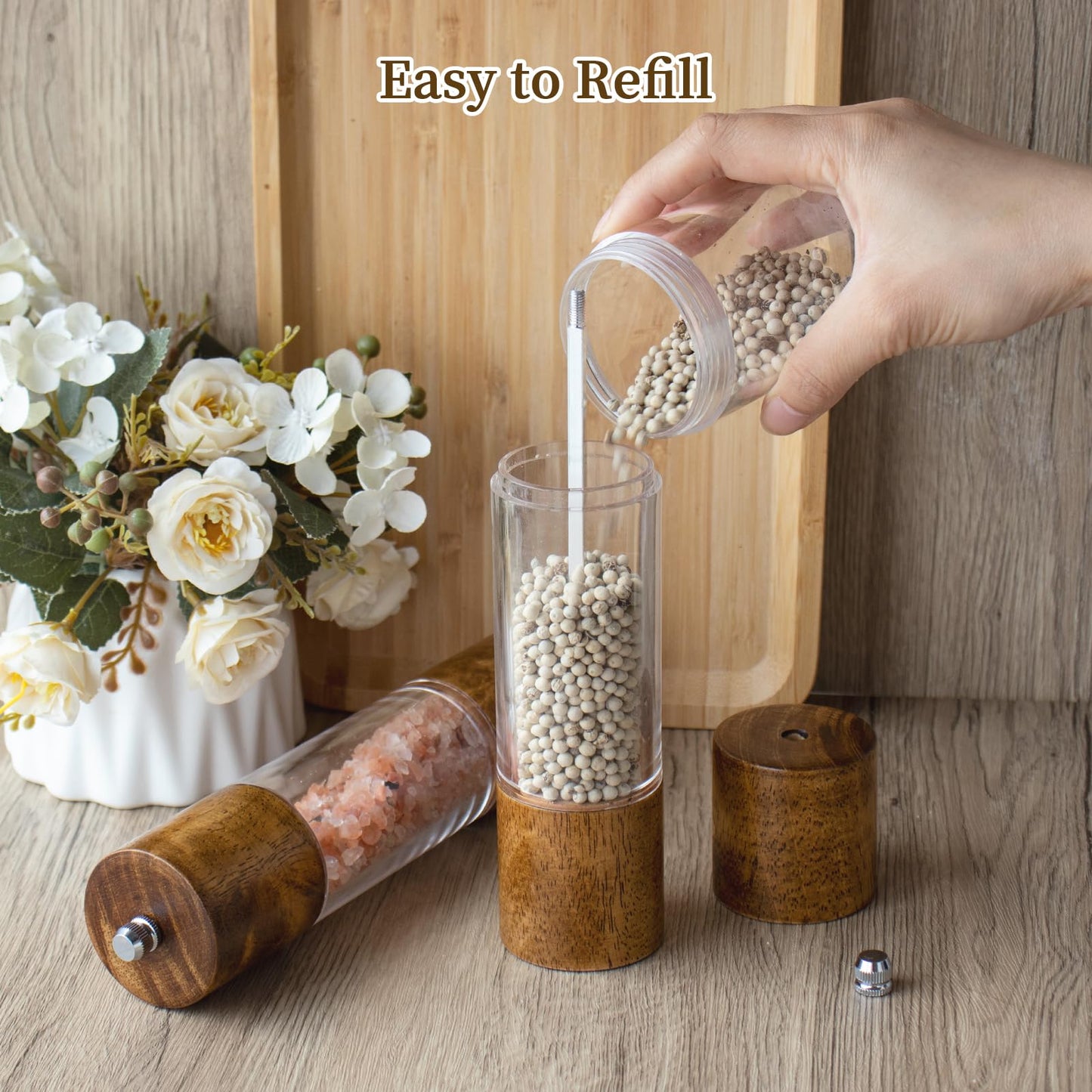 Haomacro Premium Acrylic Salt and Pepper Grinder Set, Manual Salt and Pepper Mills - Wooden Salt Shakers with Adjustable Ceramic Core-Salt Grinder and Pepper Mill - 8 Inches - 2 Pack