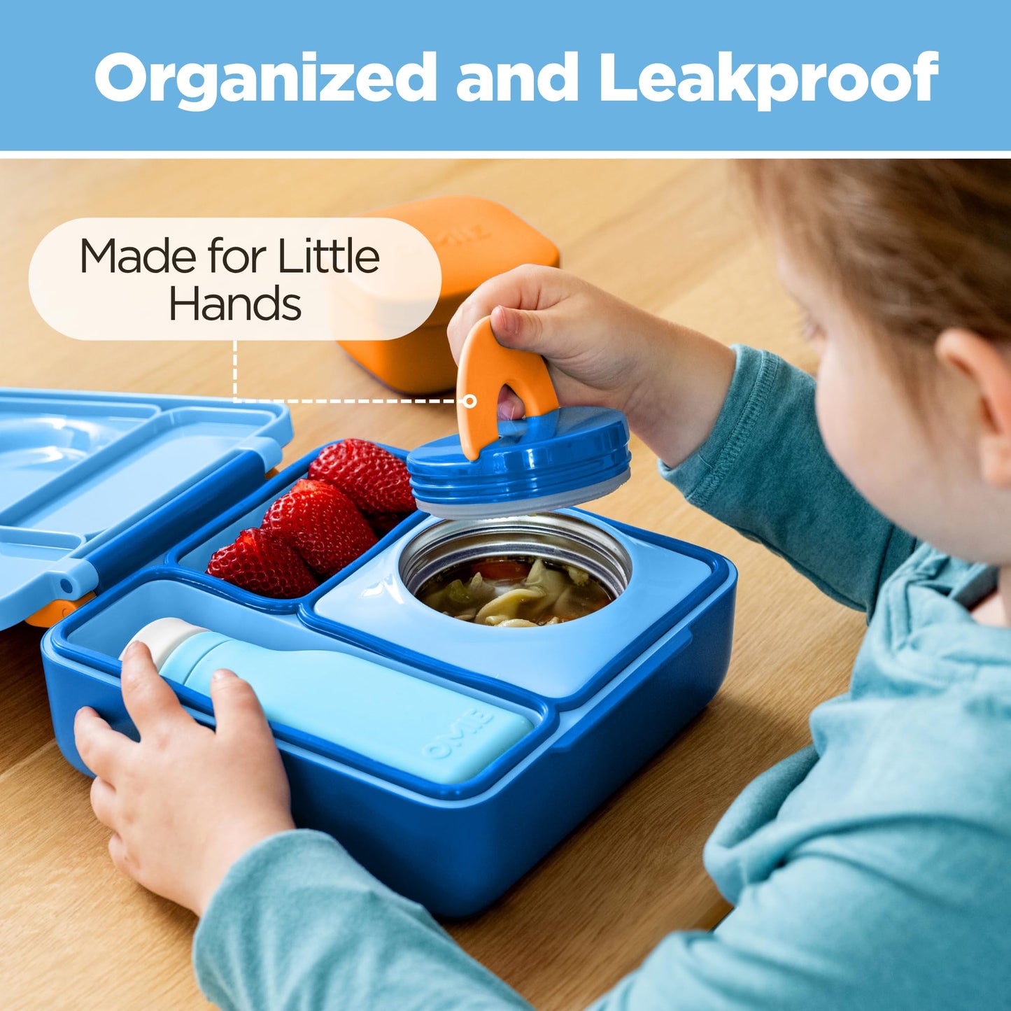 Omie OmieBox Bento Box for Kids - Insulated Lunch Box with Leak Proof Food Jar - 3 Compartments, 2 Temperature Zones (Blue Sky)