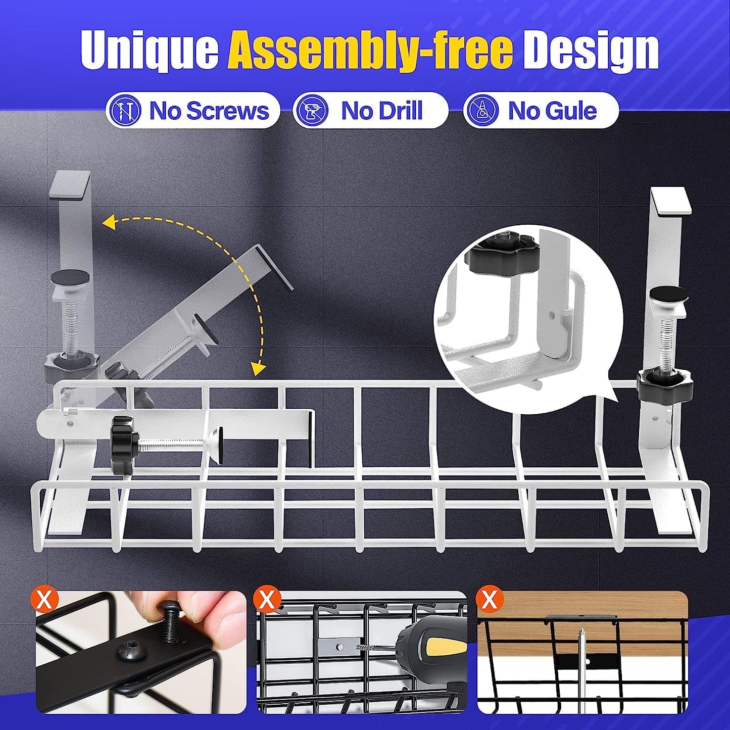 Under Desk Cable Management Tray 2 Pack, Xpatee Wire Management No Drill No Screws, Cable Tray with Clamp for Desk Wire Management, Computer Cable Rack for Office, Home - No Damage to Desk White