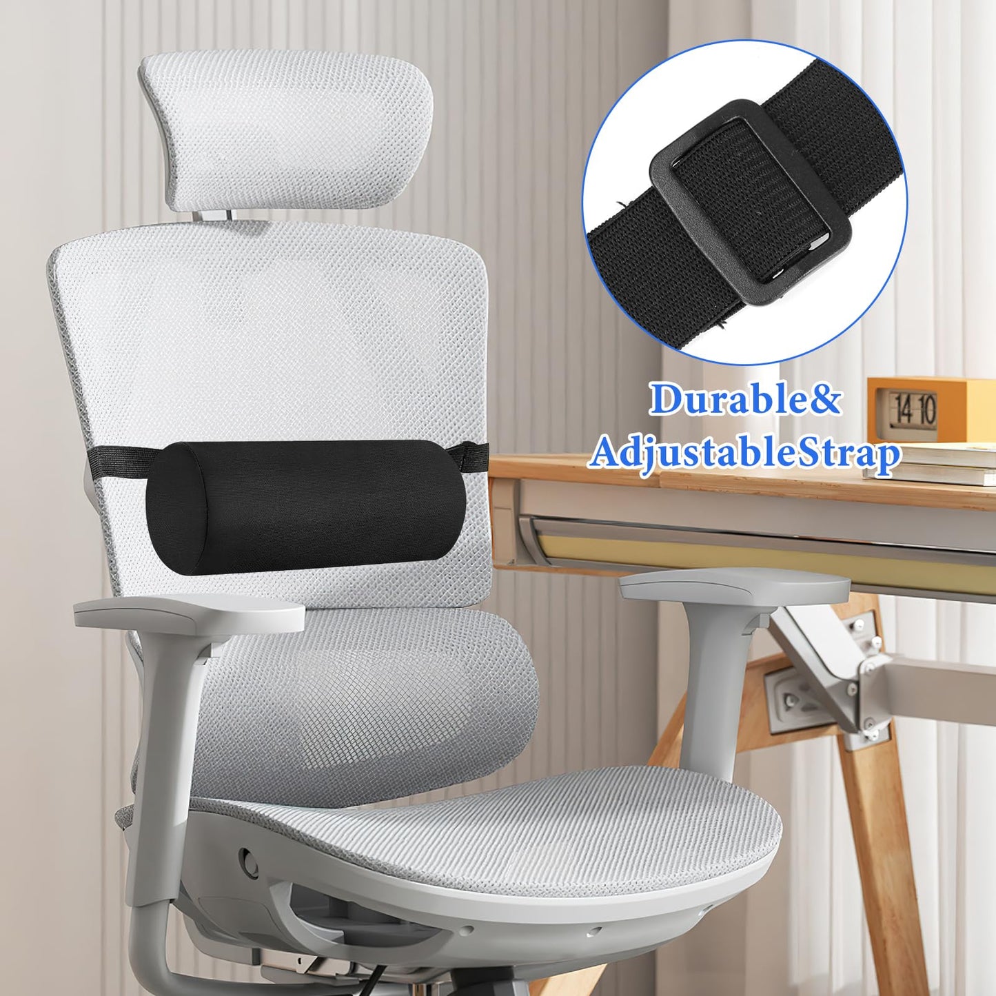 2 Pack Lumbar Roll Support Pillows, 11 Inch Neck Roll Pillow for Office Chair Car, Memory Foam Back Cushion with Adjustable Strap and Washable Cover