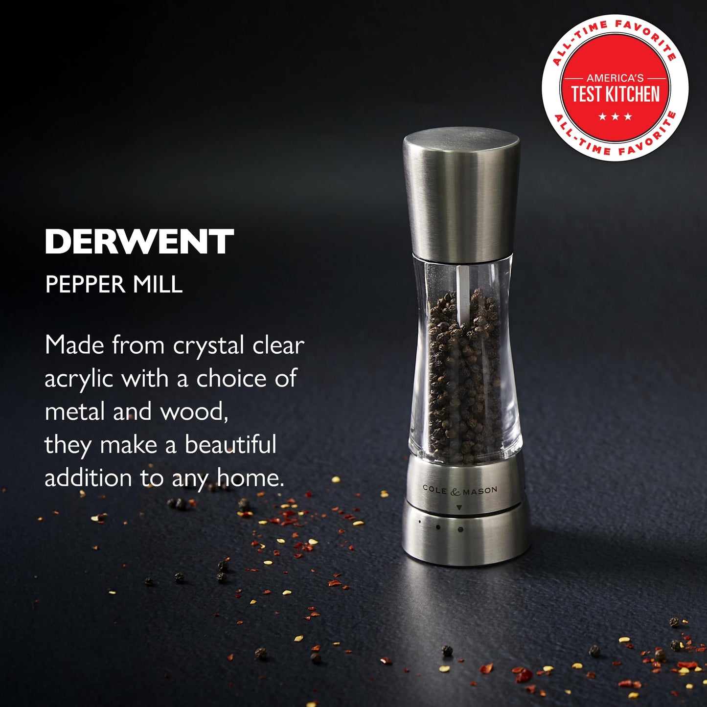 Cole & Mason Derwent Pepper Grinder - Stainless Steel Mill Includes Gourmet Precision Mechanism and Premium Peppercorns