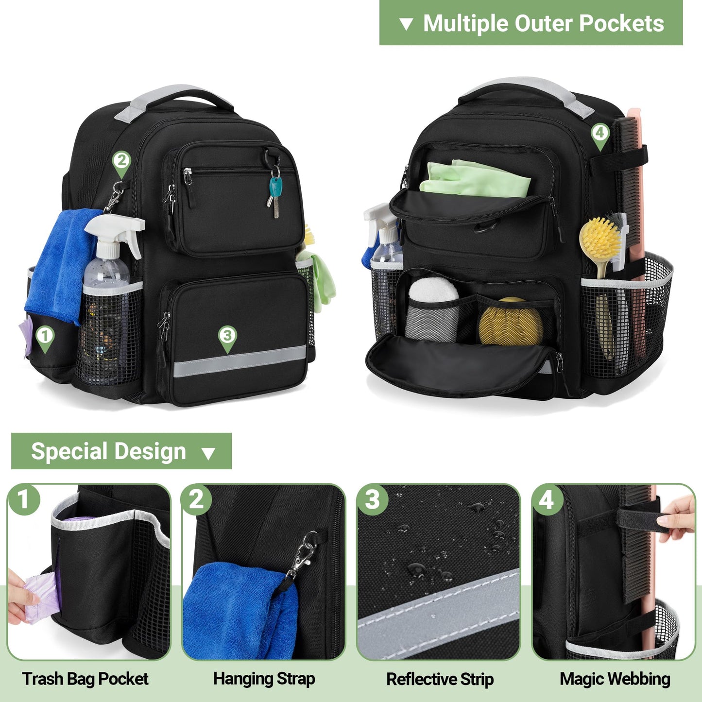 HODRANT Cleaning Backpack with Bottom Plate & Waterproof Bottom, Large Cleaning Supplies Bag with Multiple Pockets for Housekeeping Tools, Cleaning Products Caddy Organizer for Home & Car, Bag Only