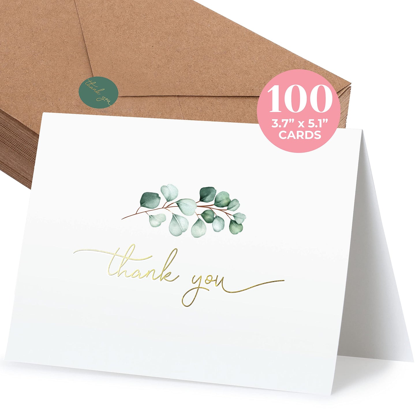 100 Heavyweight Blank Thank You Cards with Envelopes for a Personal Touch, Eucalyptus Thank You Card for Any Occasion, Wedding, Bulk Pack Card with Envelopes & Stickers (3.7 x 5.1 Inches) (100 Pack)