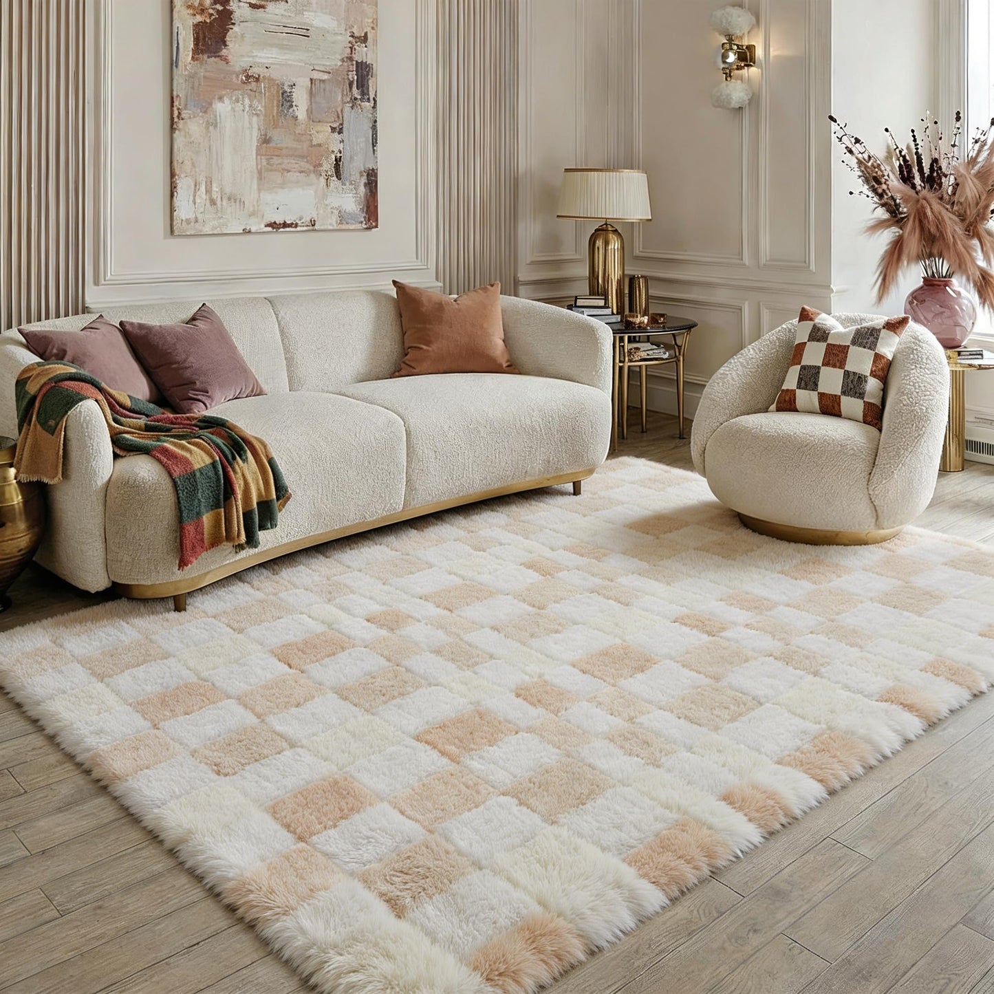 WondRg 6x9 Checkered Fluffy Area Rug for Living Room Bedroom Pink Kids Room Carpet High Pile Washable Non-Slip Tapis Salon Soft Floor Shag Rug for Nursery Large Modern Neutral Thick Plush Fuzzy