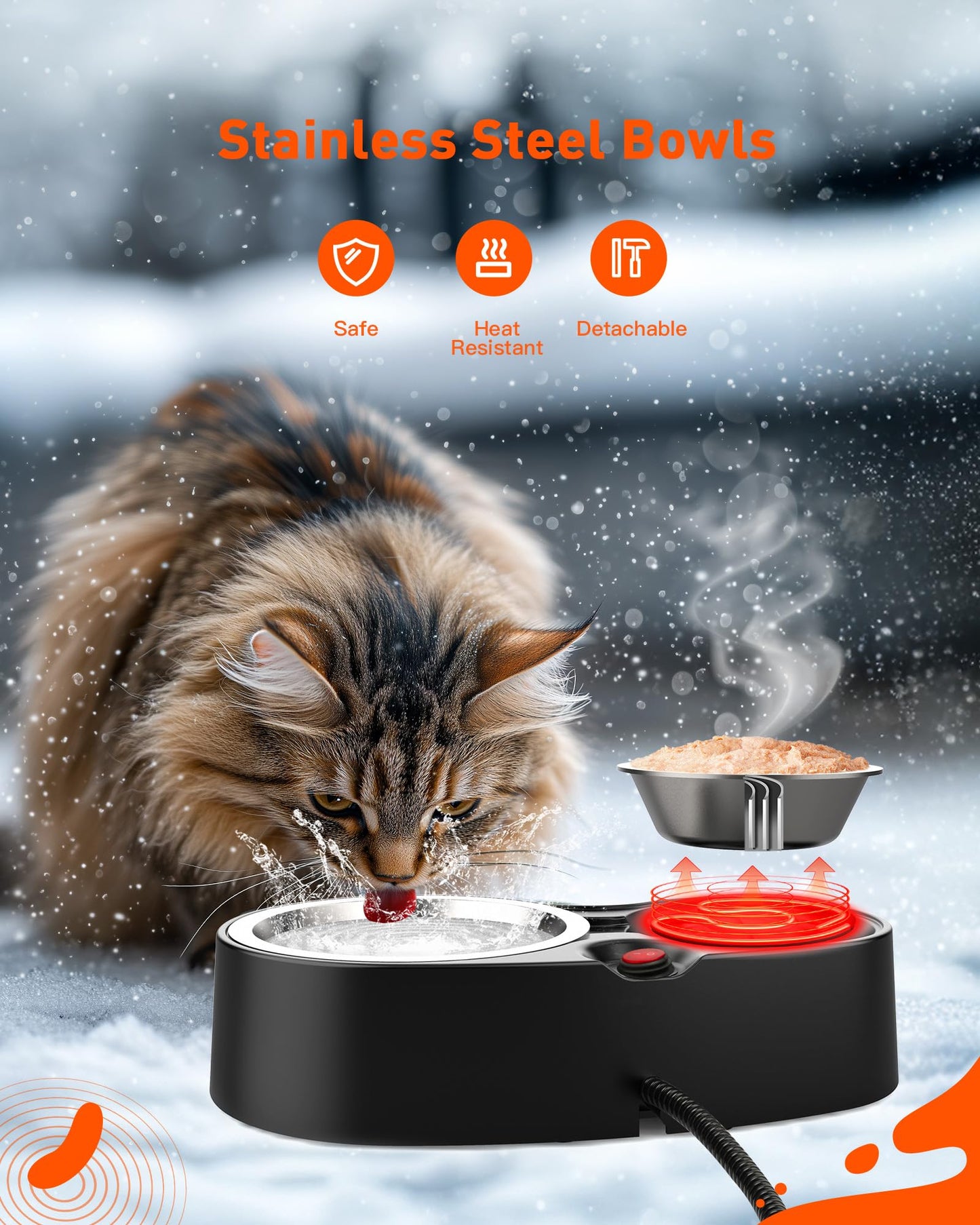 SwSun Heated Cat Bowl for Food & Water, Double Heating Cat Bowls Outdoor Heated Pet Bowl with 2 Stainless Steel Cat Bowls Heated Water Bowl for Feral Cat Feeding Station in Winter