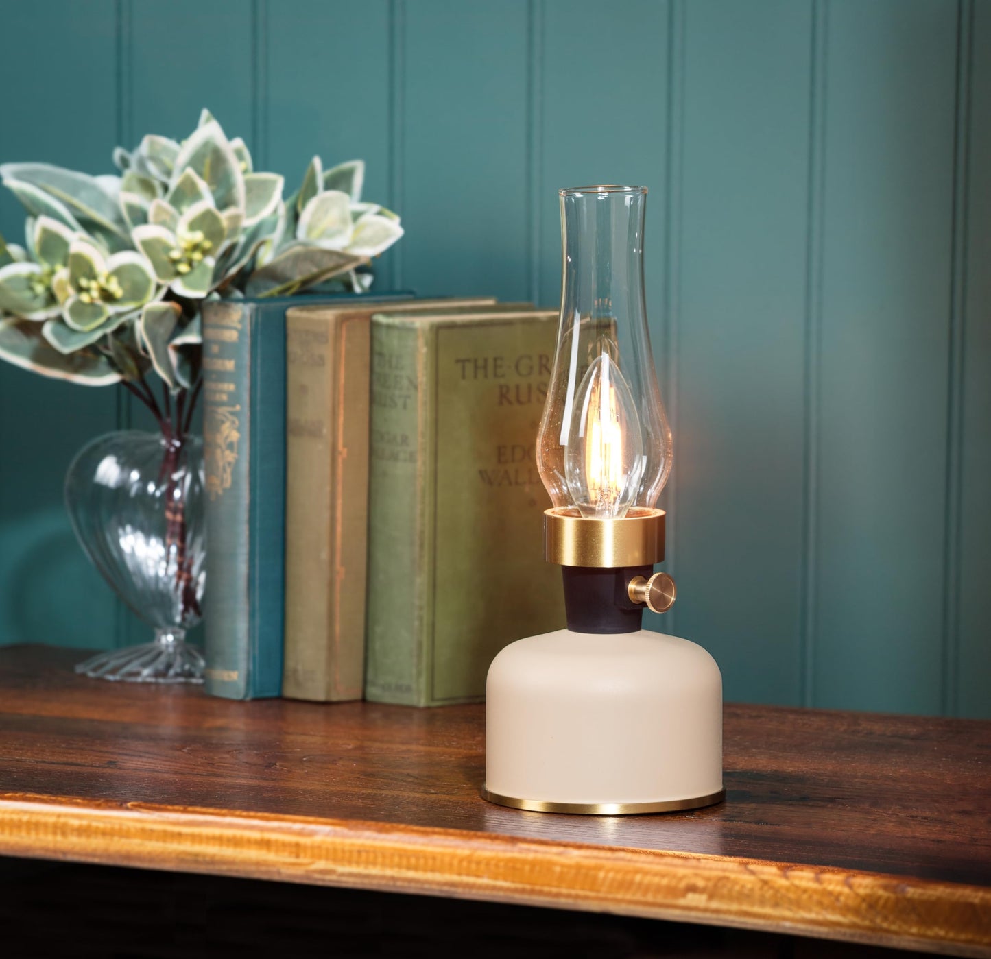 Abbott Collection Ivory Lantern LED Lamp with Chimney, Portable Table Light - Metal/Glass (10.5" H)