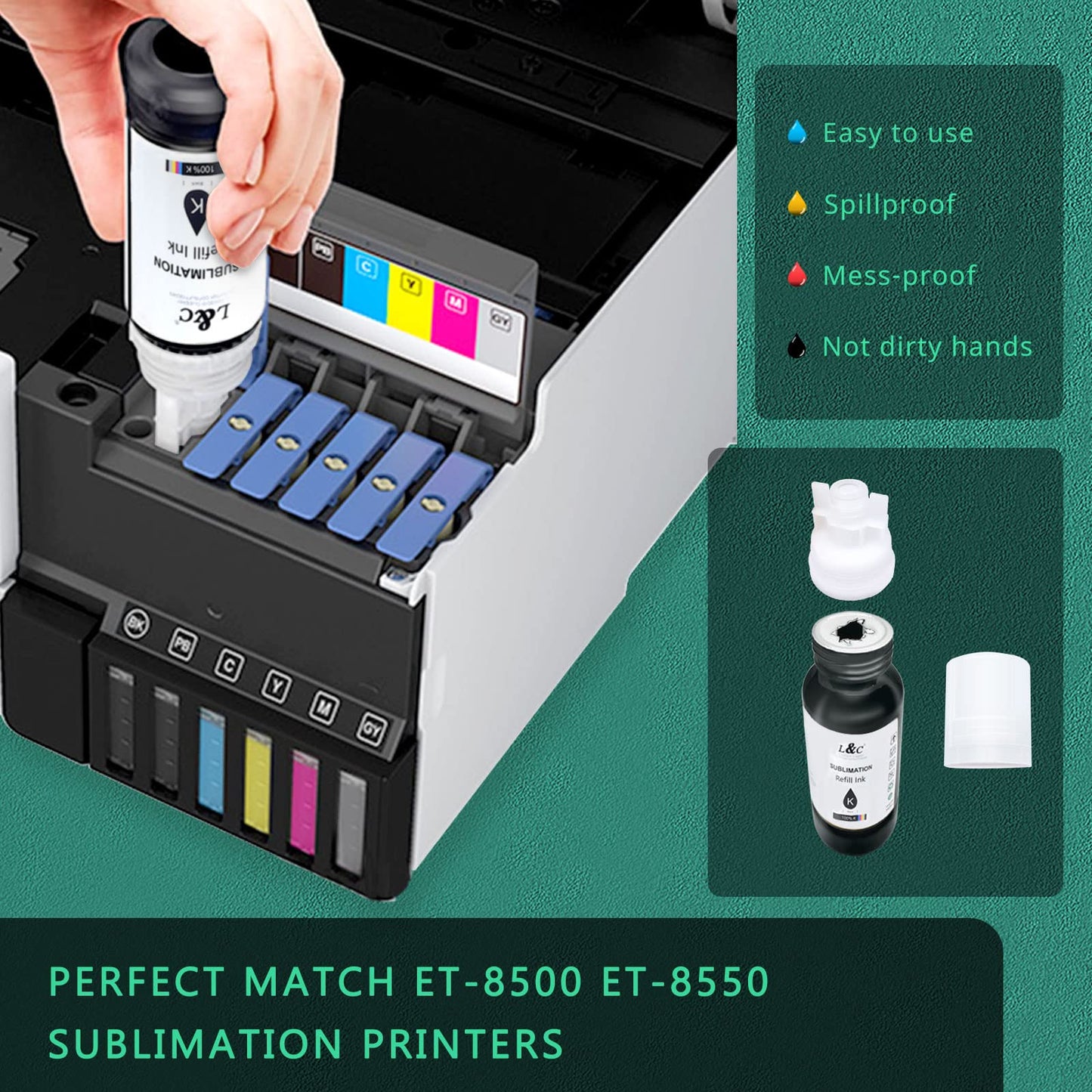 L&C Sublimation Ink Refill for ET-8500 ET-8550 Wide-Format Supertank Printers Heat Press Transfer on T-Shirt Tumblers Vibrant Colors Non-Fading Anti-Clog Auto-Fill ICC-Free (6x70ML, BK PB C M Y GY)