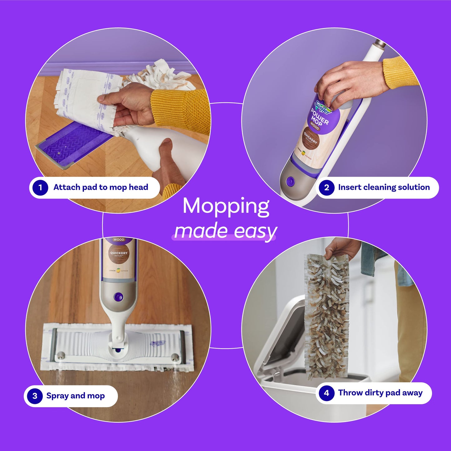 Swiffer Power Mop Wood, Hardwood Floor Cleaner for Mopping Home, All Purpose Multi-Surface Cleaning Set Includes PowerMop Wood, 2 Pads, 1 Quickdry Lemon Solution, & 2 Batteries, 5 Count
