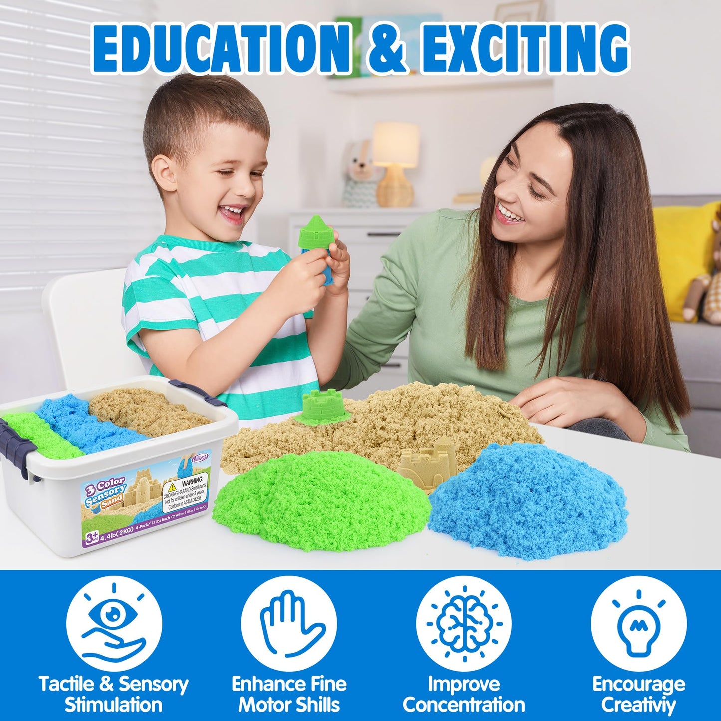 Billeeit 4.4 lbs Play Sand w/Storage Sandbox, 4-Pack(2 Yellow, 1 Blue, 1 Green), Sensory Bin Refill Sand for Shaping, Molding, Pressing, Scooping, Rolling, Self-Sticking Sand Sensory Toy for Kids 3+