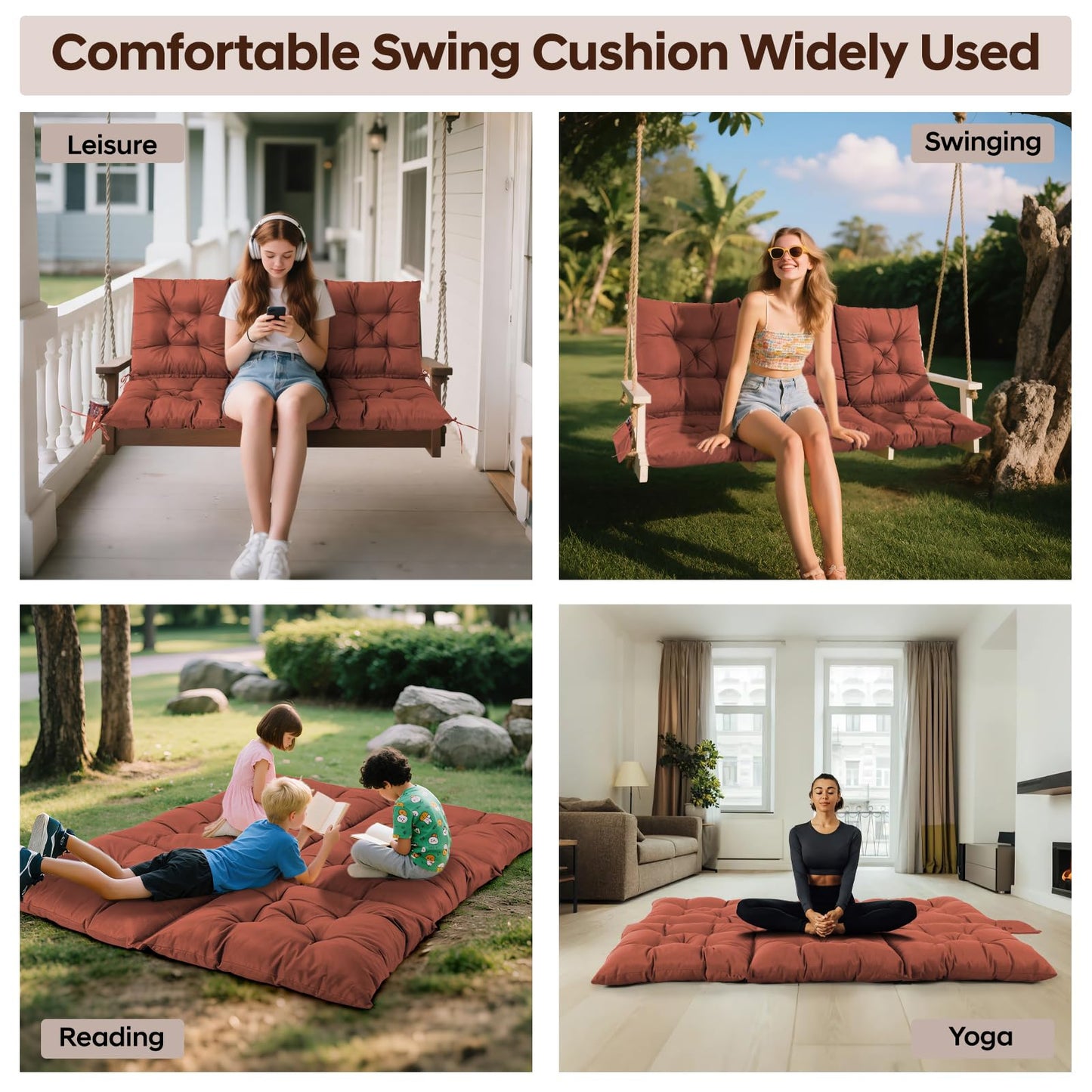 FAMIROSA 3 Seater Porch Swing Cushions, Thick 60 x 40 x 4in Outdoor Swing Cushion with 8 Straps, Water Resistant 3-seat Replacement Cushion for Patio Swing Chair Bench Couch Outside Furniture, Brown