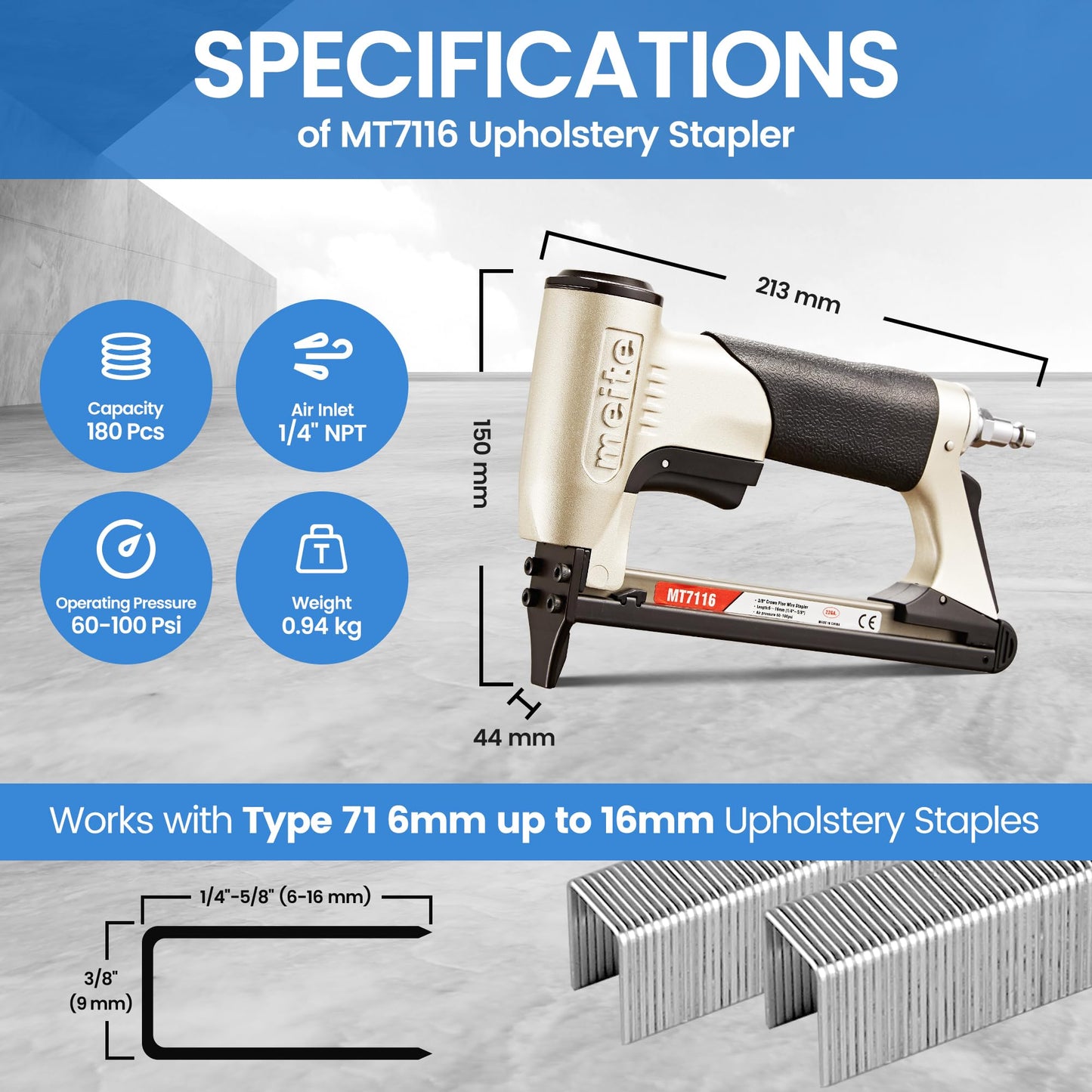 meite MT7116 Pneumatic Upholstery Stapler - 22 Gauge 71 Series 9MM (3/8-Inch) Crown 6-16MM (1/4-Inch to 5/8-Inch) Leg Length Fine Wire Stapler Air-Powered Furniture Stapler