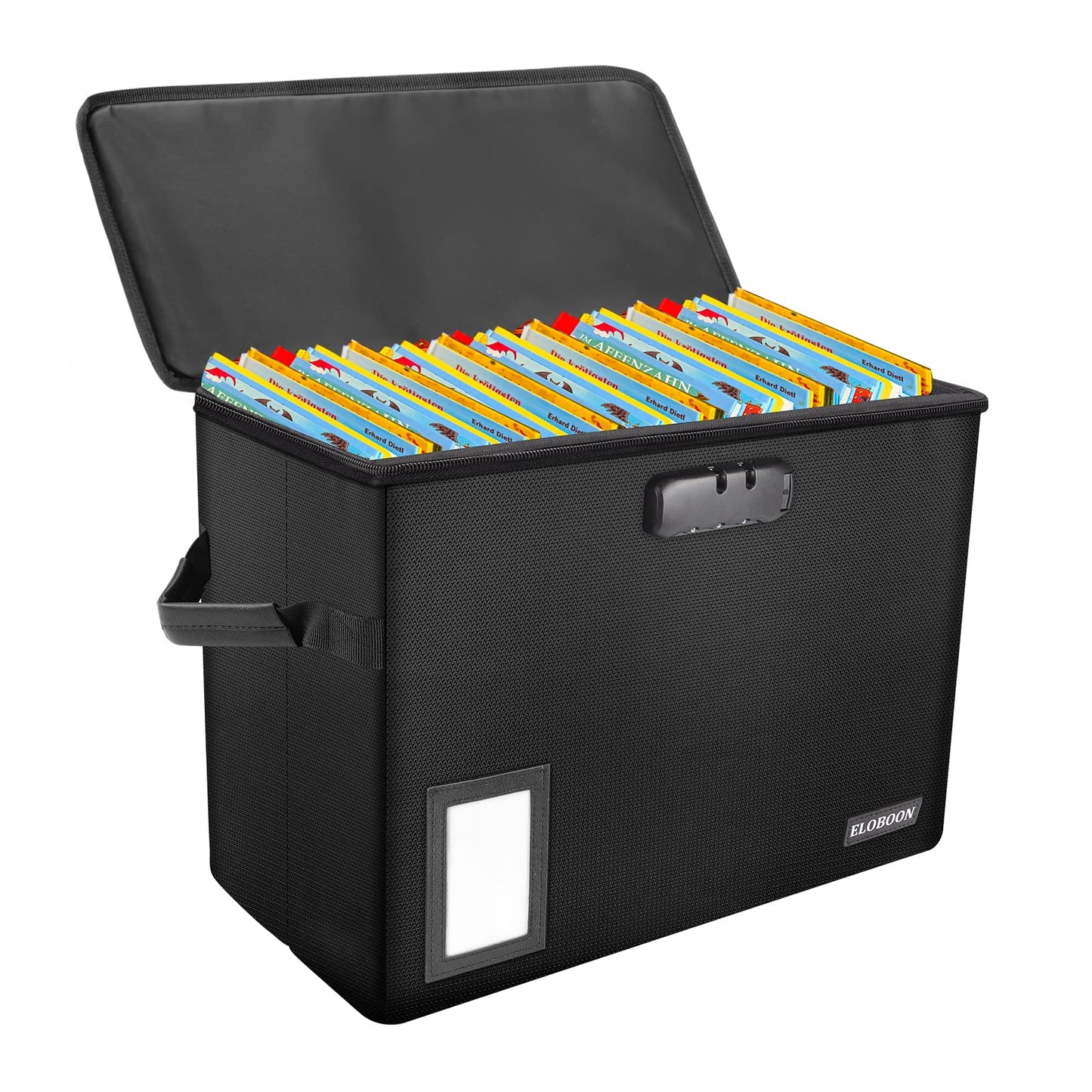 Comic Book Storage Box, ELOBOON Fireproof & Water-Resistant Comic Book Box with Lock and Label Window, Moistureproof Comic Short Box with Fire Zipper, Comic Book Bin with Non-Slip Bottom, Black