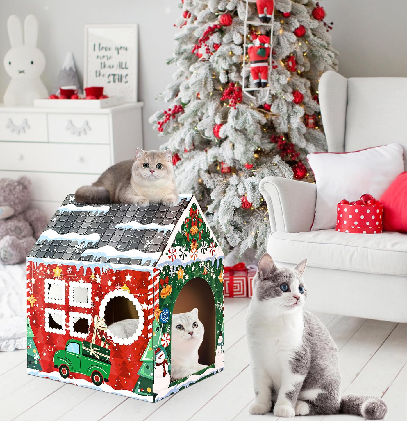 MUNILAIL Christmas Cardboard Cat House with Scratcher - 16.5" x 13" x 19" Cat Scratcher House for Indoor Cats
