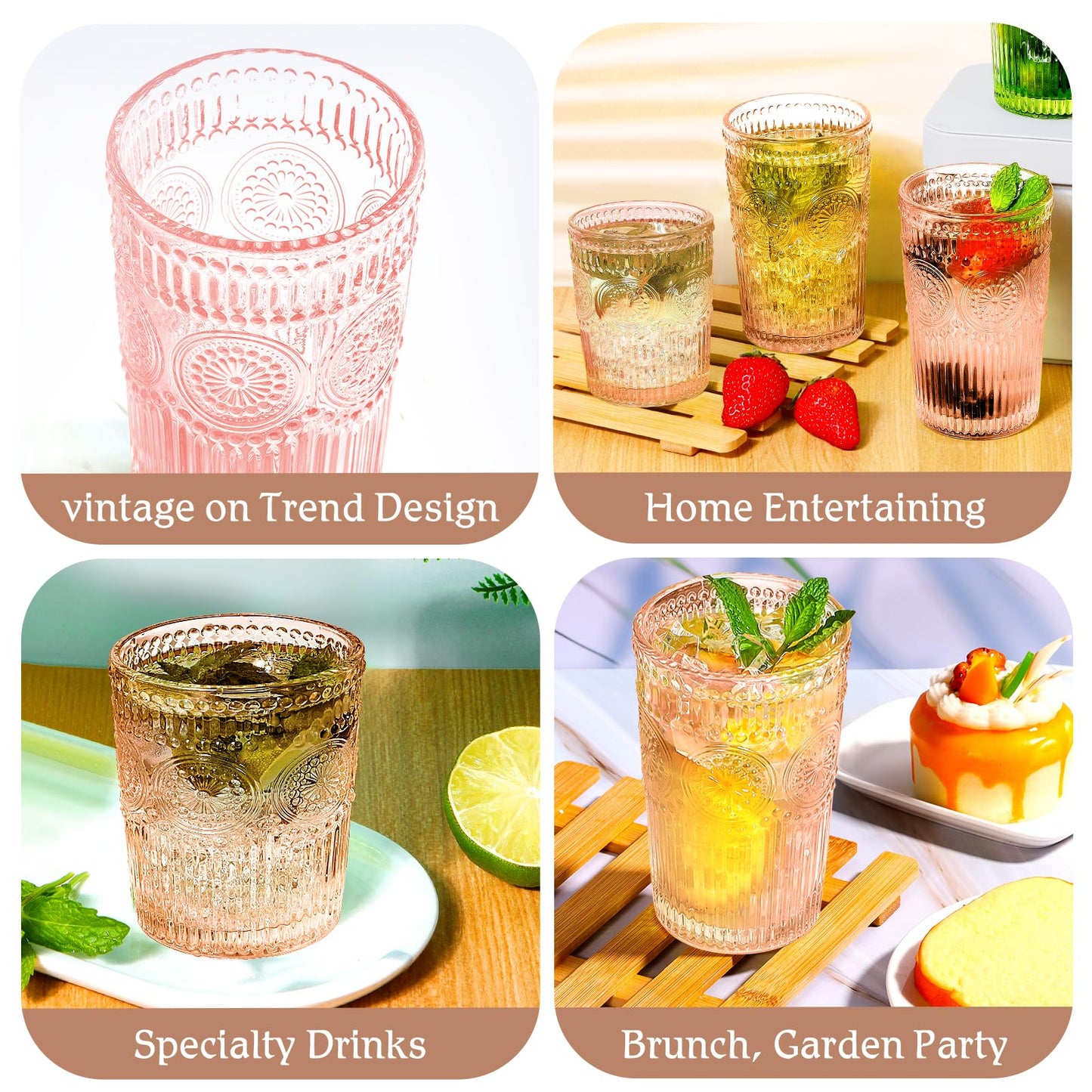 megarte Vintage Drinking Glasses Set - 12 Piece Textured Embossed Glassware 6 Highball Glasses 12 oz & 6 Rocks Glasses 10 oz Romantic Cocktail Cups for Iced Water Juice Tea Beverage Coffee Pink