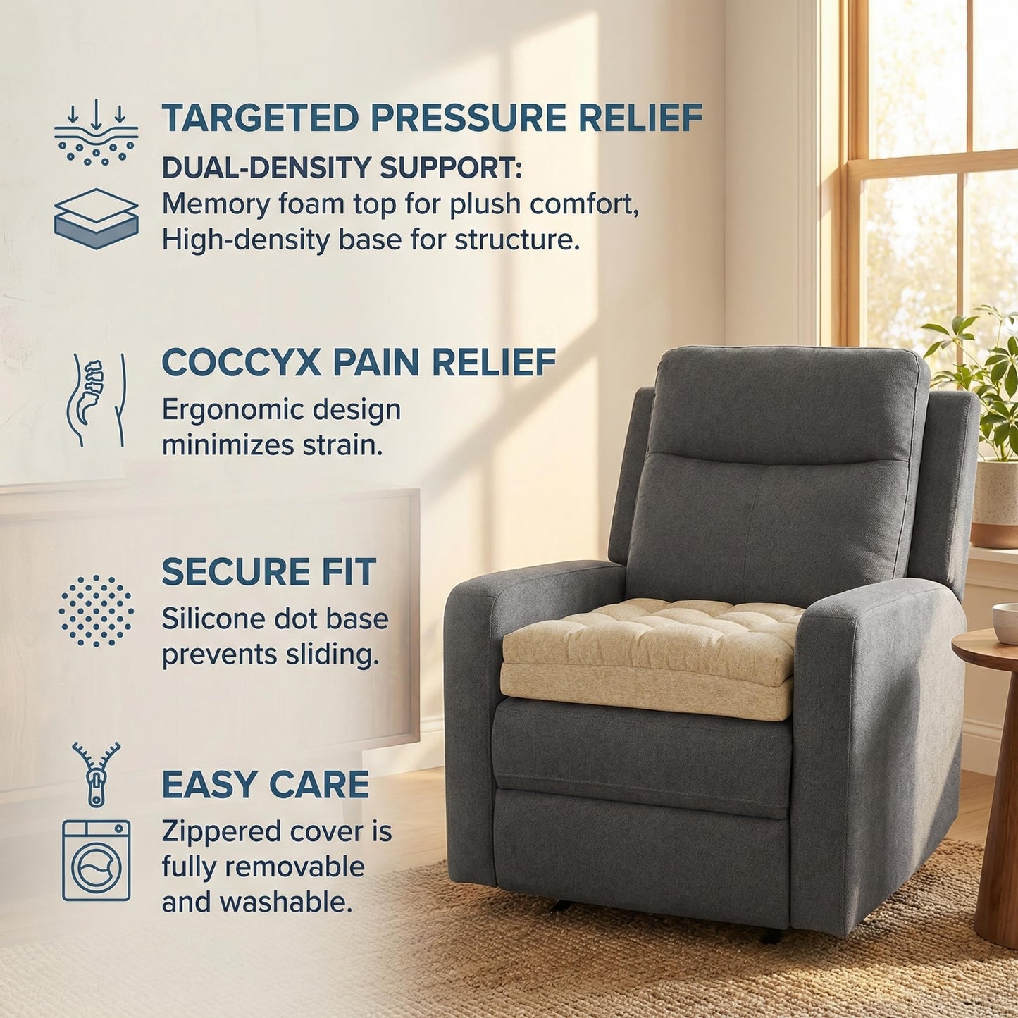 baibu Extra Large Memory Foam Recliner Cushions for Elderly, 20x20x5 Inch Thick Dual-Layer Patent Design Non-Slip Recliner Seat Cushion for Couch for Easy to Stand Up & Reduce Hip & Lumbar Pain, Beige