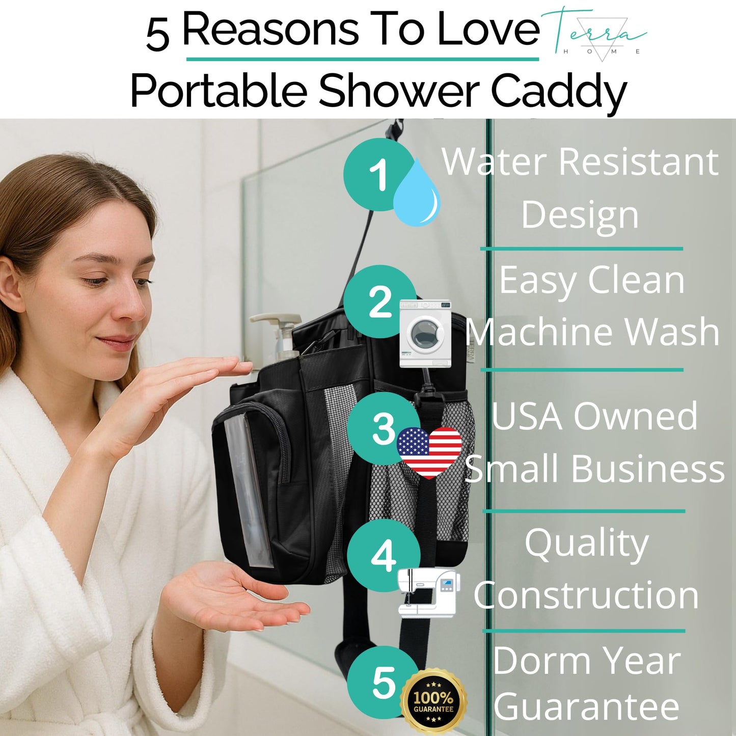 TERRA HOME Portable XL Shower Caddy Bag - College Dorm Room Essentials for Men, Women, Students - Foldable, Water Resistant with Hanging Keychain Hook and Shoulder Strap Shower Organizer Bag (Black)