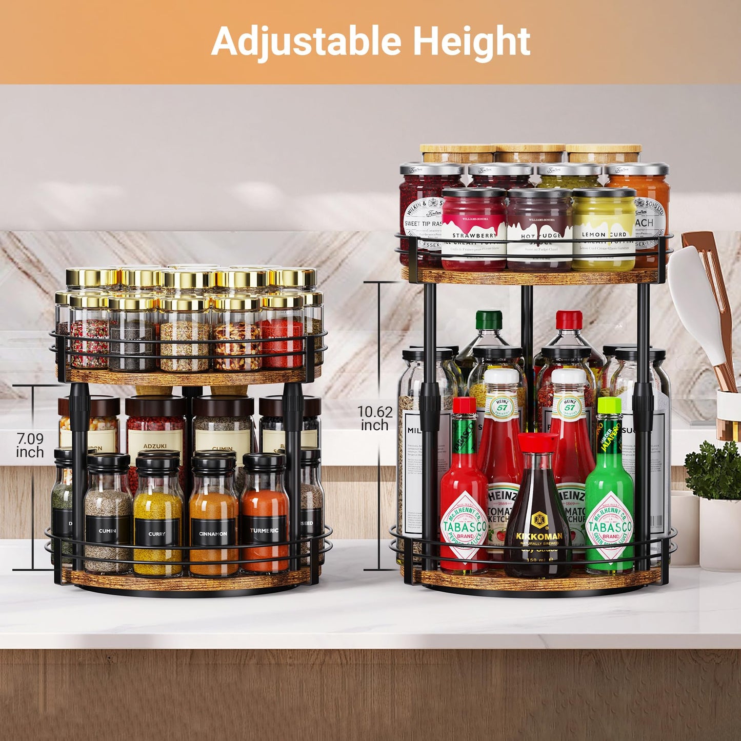 Lazy-Susan-Organizer-Spice-Rack, 2-Tier Rotating Spice Organizer For Kitchen-Cabinet-Countertop-Pantry, Turntable Seasoning Holder Storage Shelf With Adjustable Height