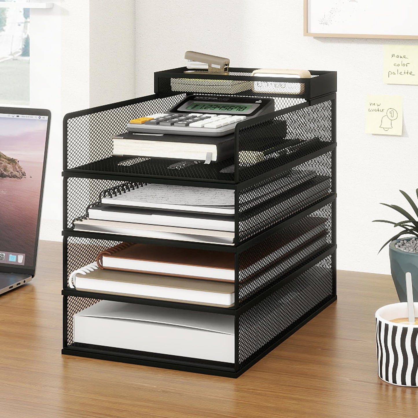 Natwind 4 Tier Stackable Paper Trays for Letter Documents, Desktop File Organizers for Office Supplies, Metal Mesh Desk Organizer，Office Organizer，Letter Trays for Home, Office, School，Black