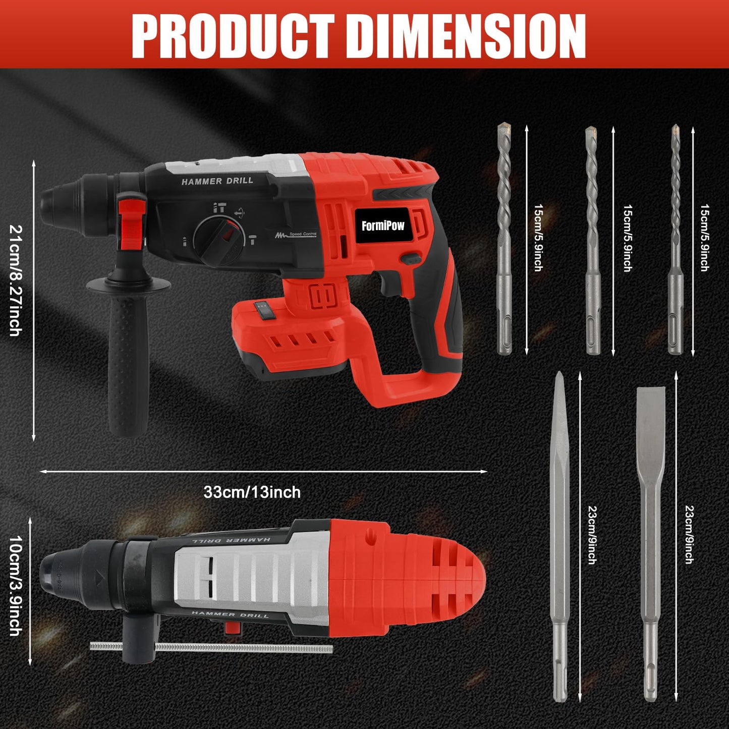 FormiPow SDS-Plus Rotary Hammer Drill for Milwaukee M18 Battery, 2.6J Impact Brushless Hammer Drill, 4 Mode Operation, 360° Rotating Cordless Hammer Drills with 5 PCS Drill & Chisel Set (No Battery)