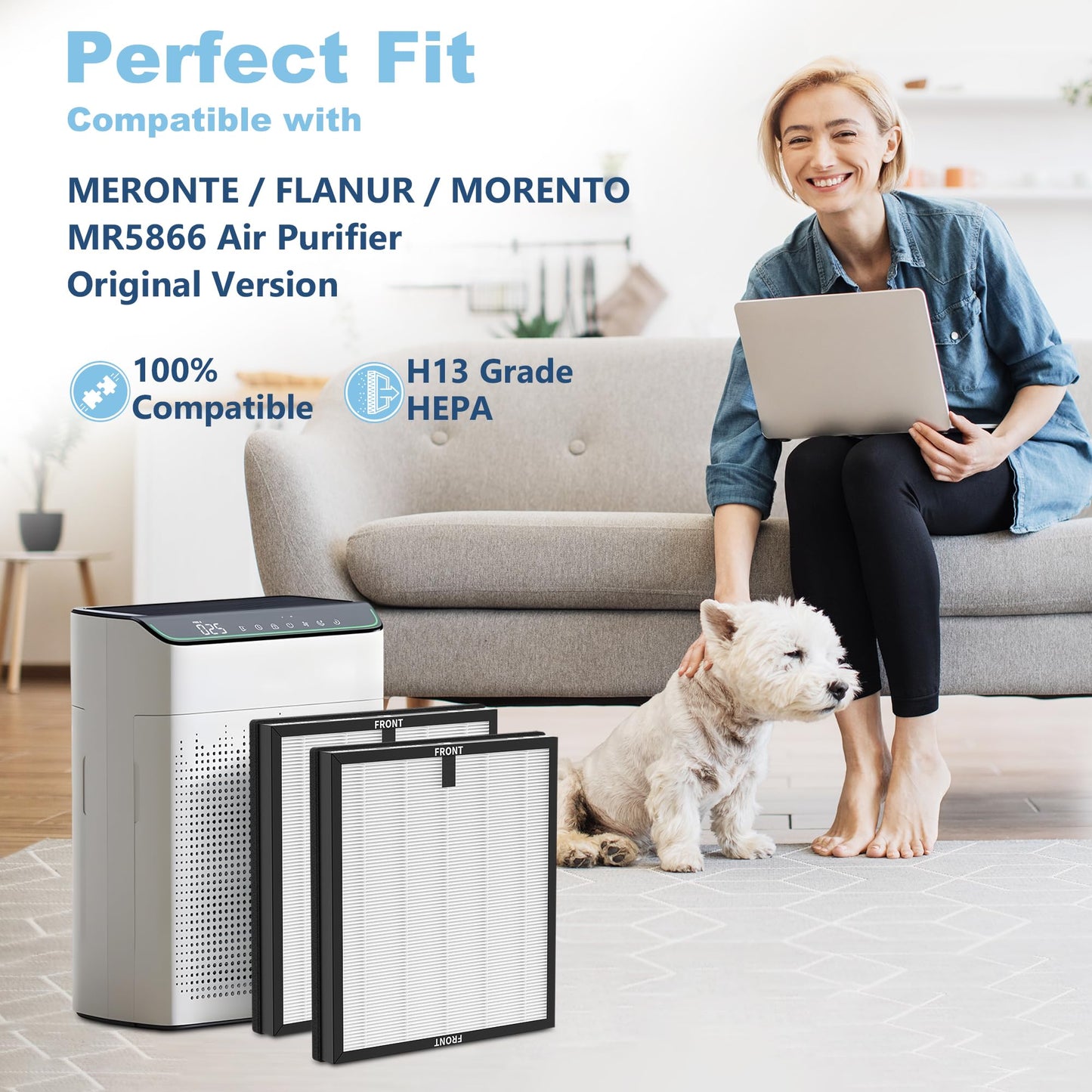 SAKEGDY 4 Pack MR5866 Replacement Filters, Compatible with MERONTE/FLANUR/MORENTO MR5866 Air Purifier, True HEPA Filter and Activated Carbon Filter, Original Version, White