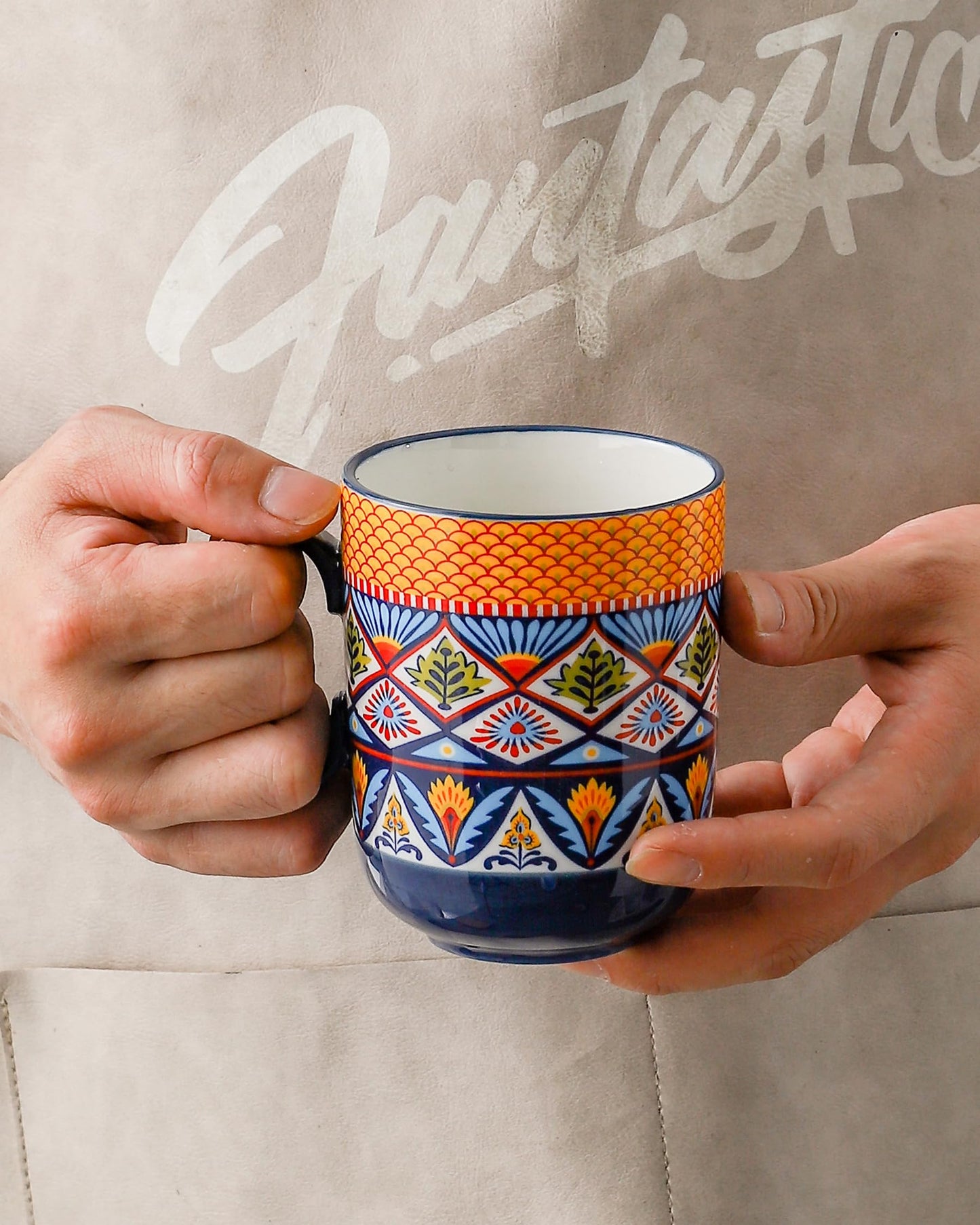 Coffee Mugs Set 14 Ounce - Multicolor Porcelain Cups for Latte, Hot Tea, Cappuccino, Cocoa, Soup, Dishwasher, Microwave Safe, Christmas Gift Set of 6 - Bohemian Style