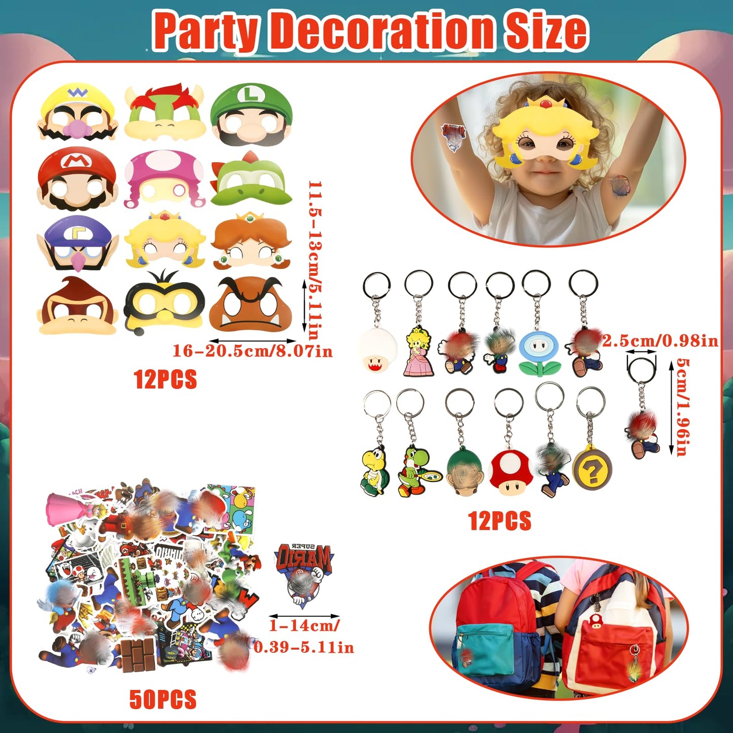 HALIFIN 128Pcs Mario Theme Party Favors, Kids Boys Girls Party Bag Fillers Birthday Party Supplies with Mask, Gift Bag, Stickers, Lapel Badge, Snap Ring, Shoe Charms