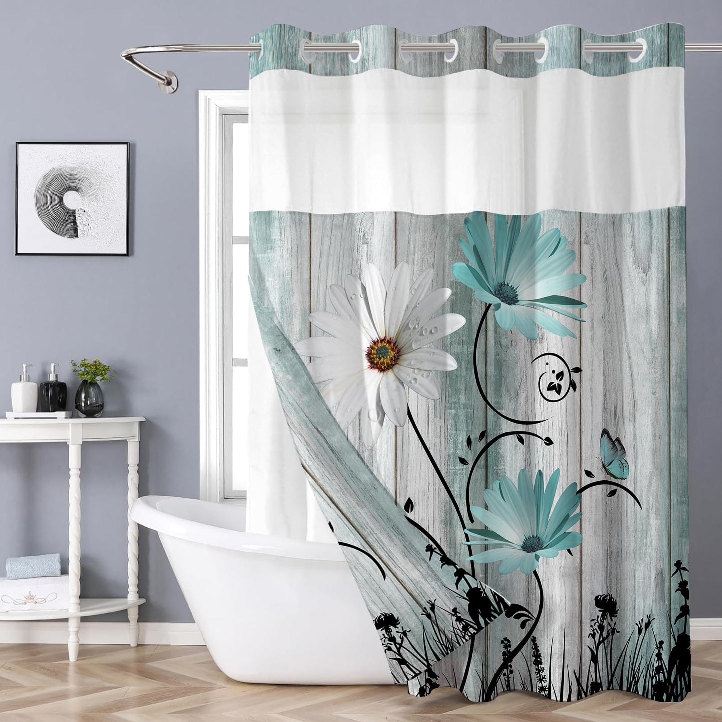 Shellspace No Hook 3 in 1 Shower Curtain with Snap in Liner, Teal and White Daisy Shower Curtain Set with See Through Top Window, Machine Washable Waterproof Polyester Fabric Bath Curtain, 71 x 74 in