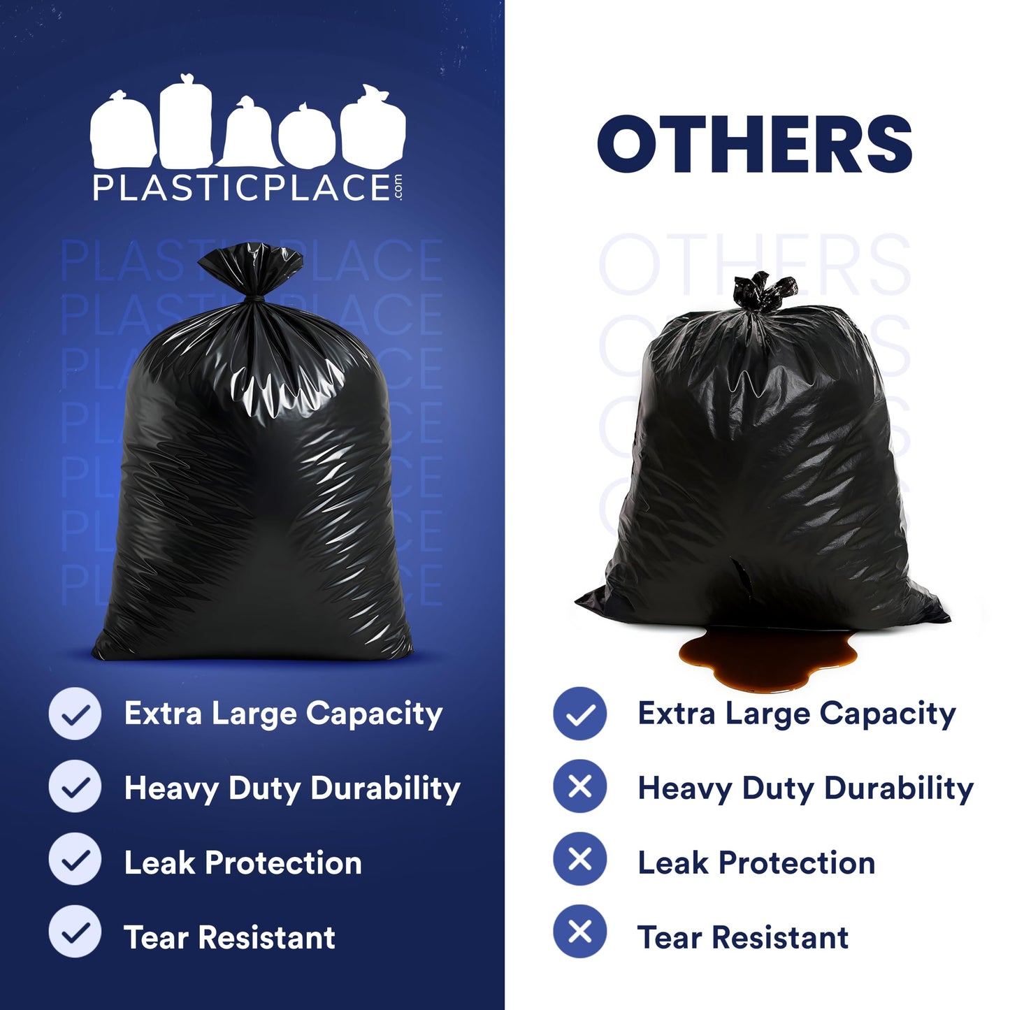 Plasticplace 65 Gallon Trash Bags │ 2.7 Mil │ Black Heavy Duty Garbage Can Liners │ 50” x 48” (25 Count)