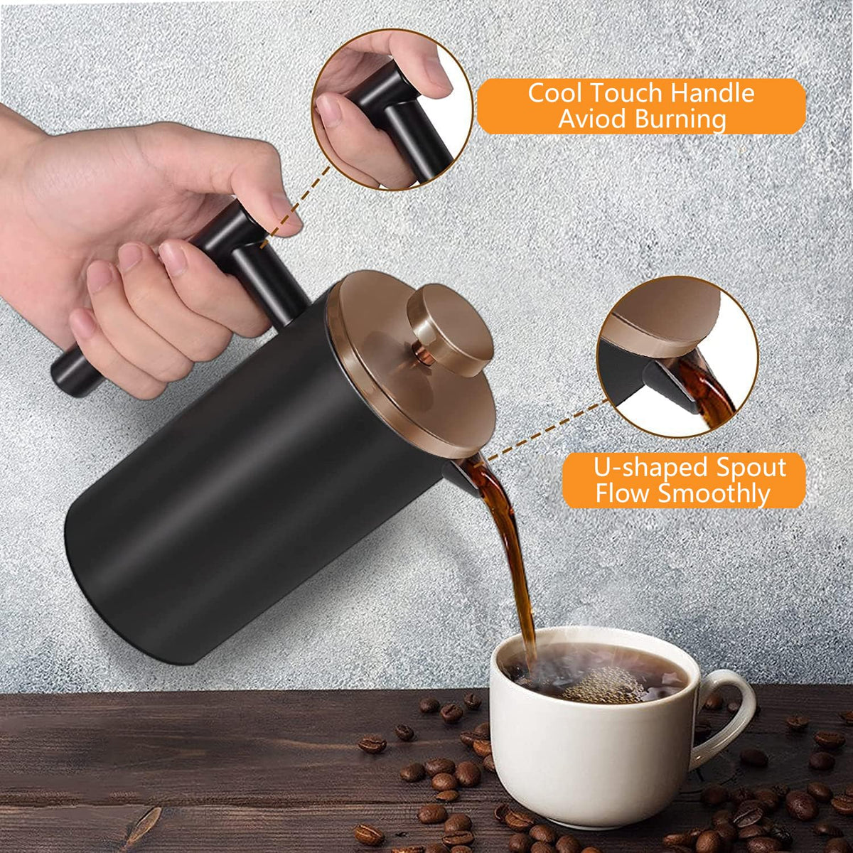 Meelio Small French Press Coffee Maker 600ml/20oz, Stainless Steel Double-Wall Insulated, 3 Level Filtration System with 2 Mesh Screens, 2-4 Cup Black for Home, Camping & Office