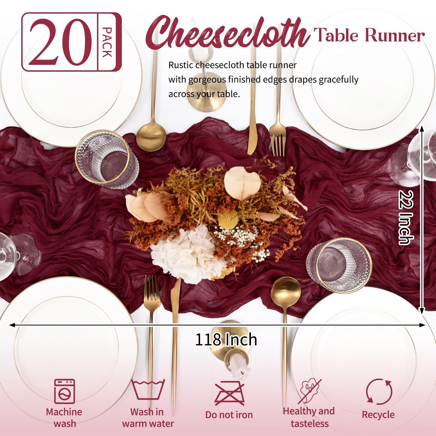 20 Pack Burgundy Table Runner 10FT Long Cheesecloth Table Runner Cheese Cloth Gauze for Wedding Party Birthday Decoration-Burgundy