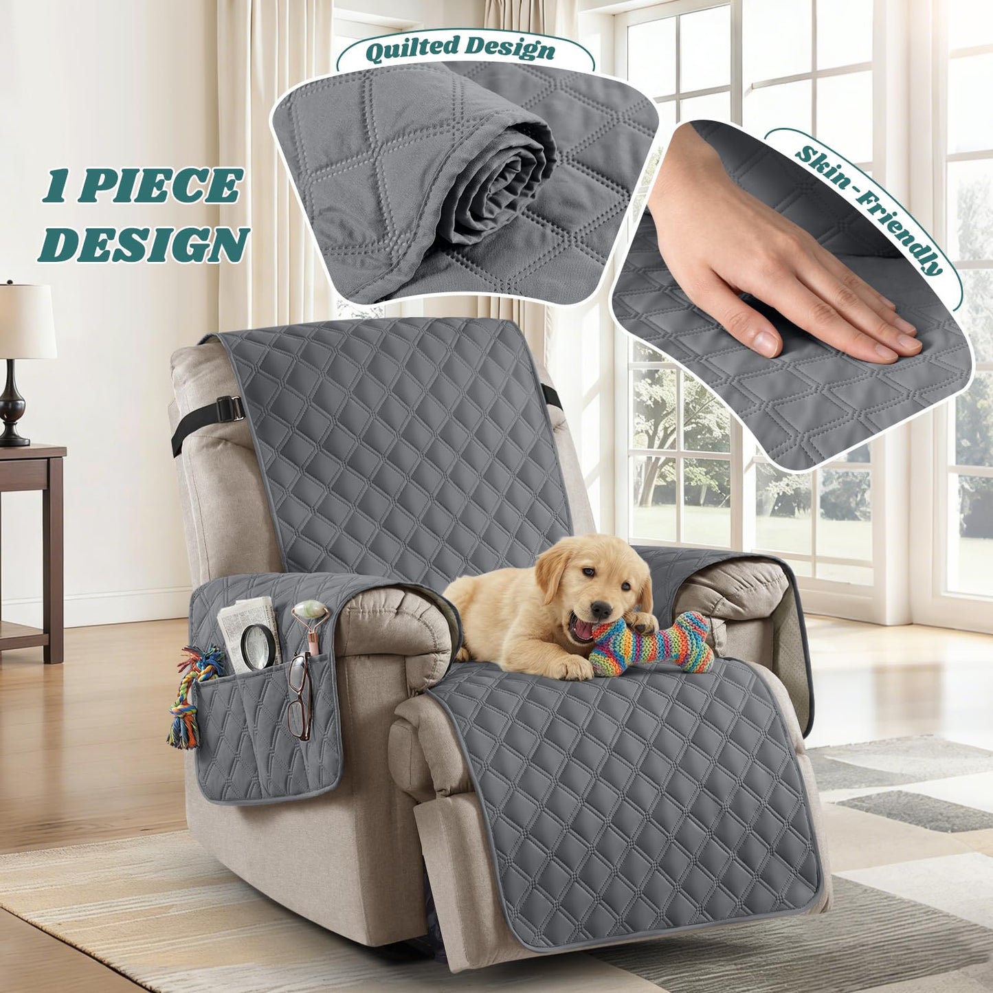 Ruaozz 100% Waterproof Recliner Chair Cover Non-Slip Reclining Cover for Recliner Chair Washable Chair Seat Cover with Elastic Straps for Kids, Dogs, Pets (Dark Grey, 1 Seater 23'')