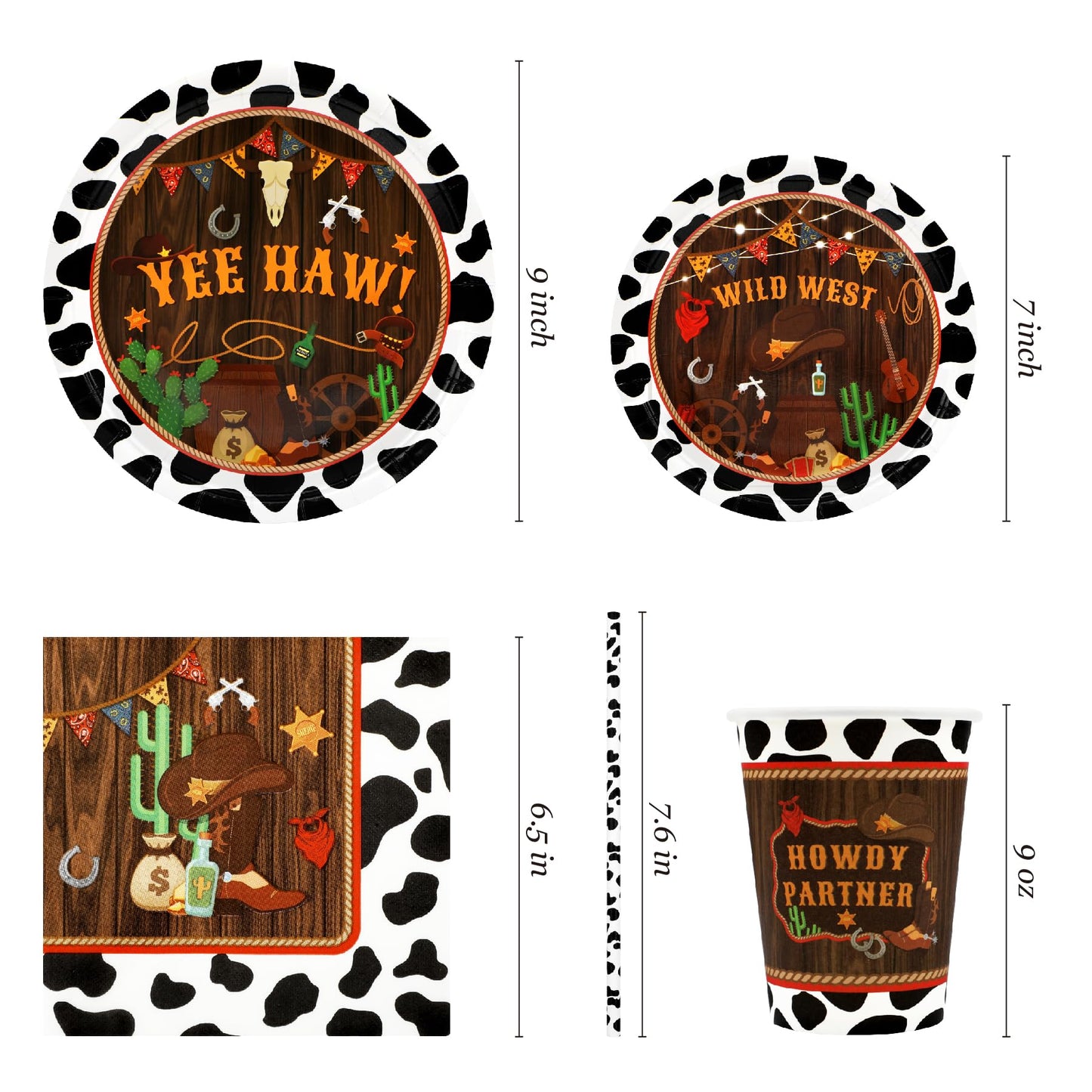 Western Birthday Party Supplies Decorations, Cowboy Wild West Theme Birthday Paper Plates and Napkins Set with Cups and Straws for 24 Guests, 120 Pcs Disposable Party Dessert Dinnerwares