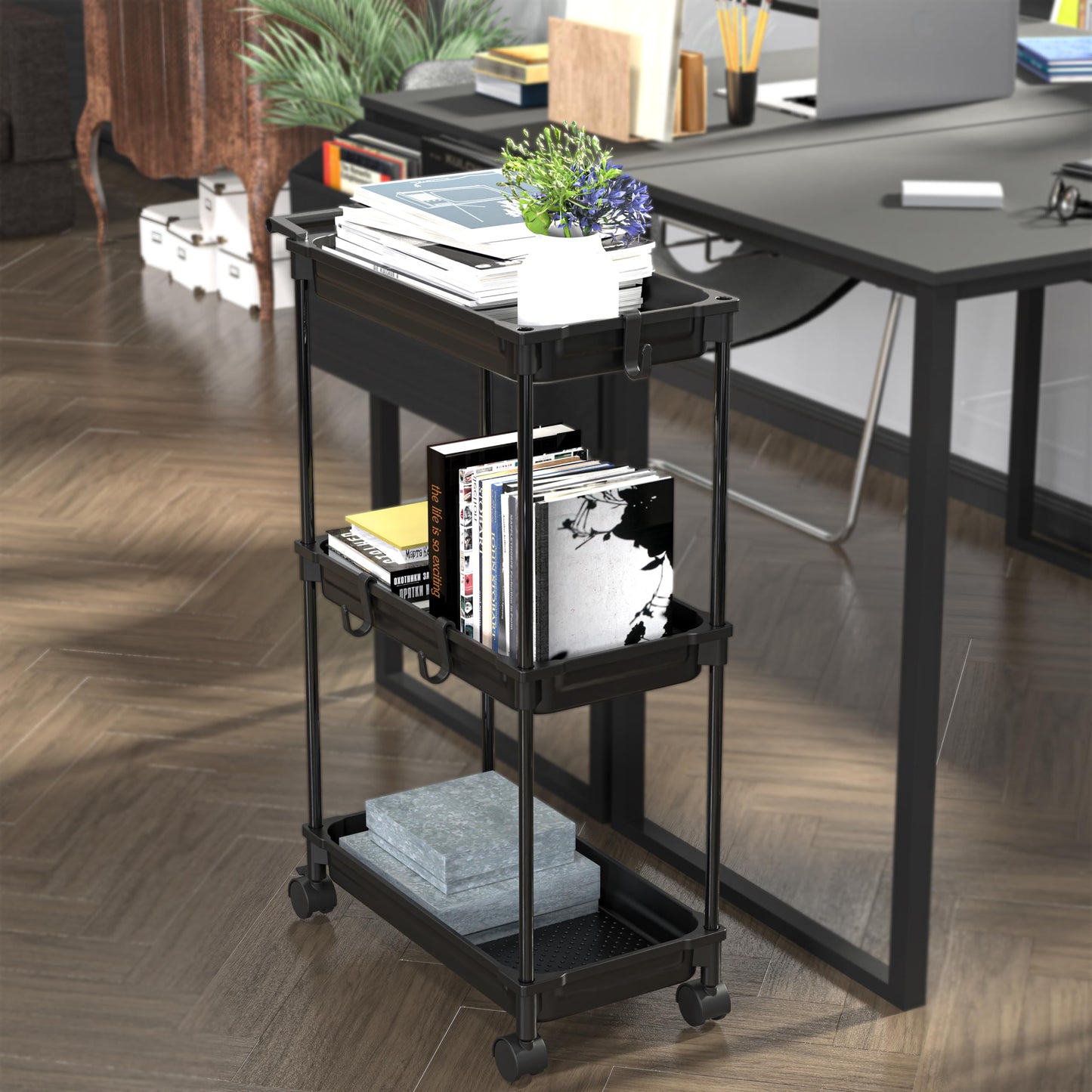 Simple Houseware 3-Tier Slim Storage Cart - Narrow Rolling Utility Cart on Wheels for Tight Spaces - Bathroom, Kitchen & Laundry Organizer, Black