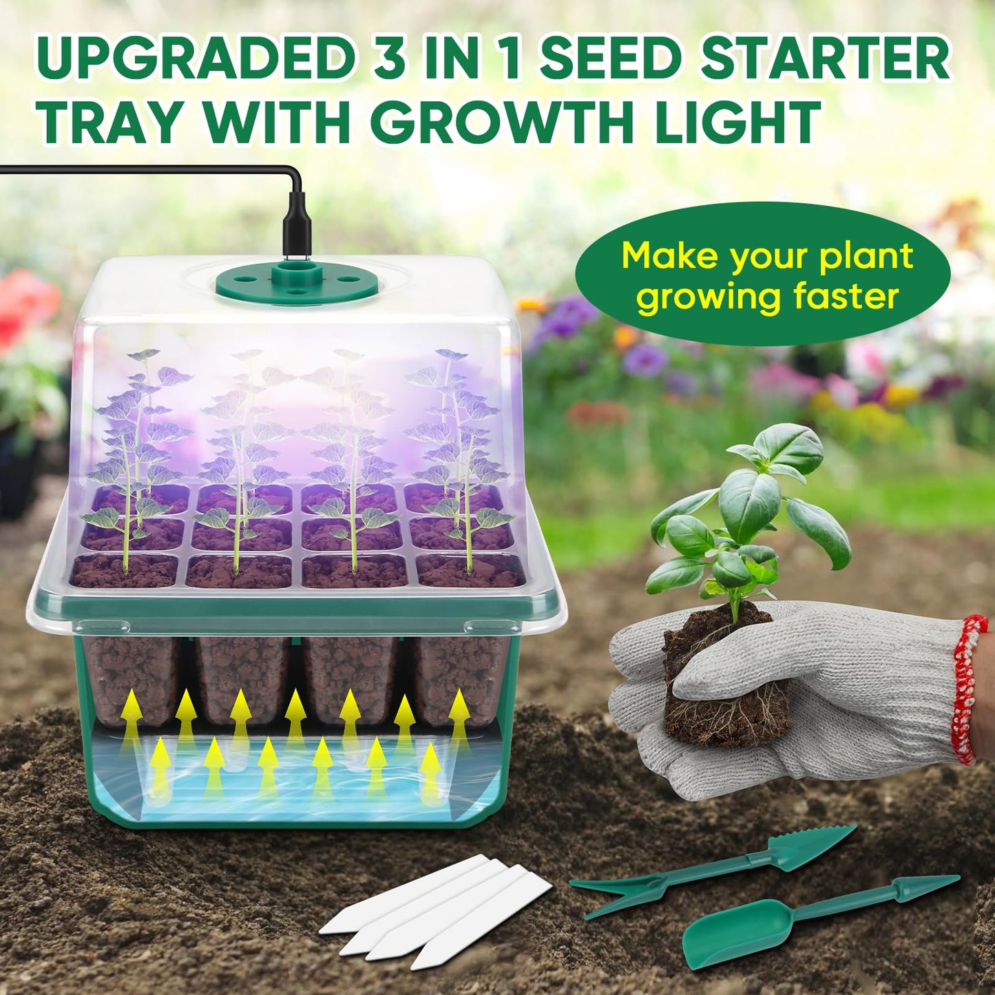 BlumWay Self-Watering Seed Starter Tray with Grow Light,5 Pack 60 Cell Seed Starter Kit with Humidity Dome for Seed Starting,Reusable Plant Germination Trays for Indoor Gardening Seed Growing Seedling