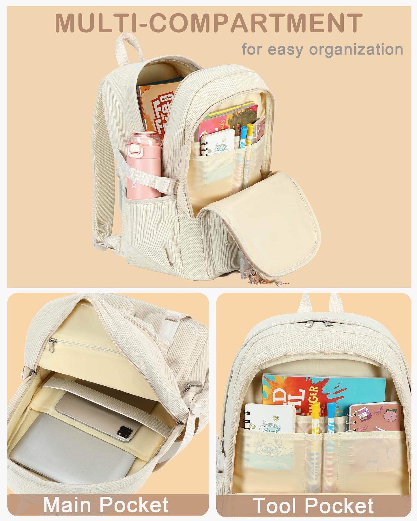 School Laptop Backpack for Teens Girls Women College Backpacks Corduroy Bag Students Bookbag Anti Theft Travel Daypack (Beige)