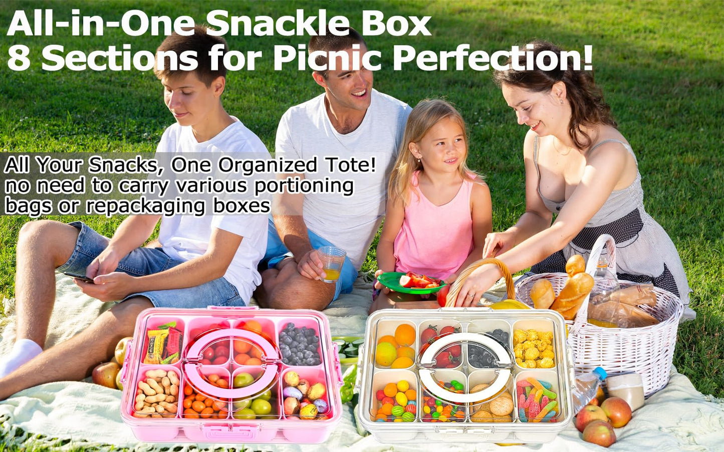 KIGITIONE 2 Pack Snackle Box Container, 8 Compartments Snack Box, Portable Serving Tray with Lid and Foldable Handle, Snack Organizer for Fruits, Snacks, Nuts, Veggies, Ideal for Travel & Picnics