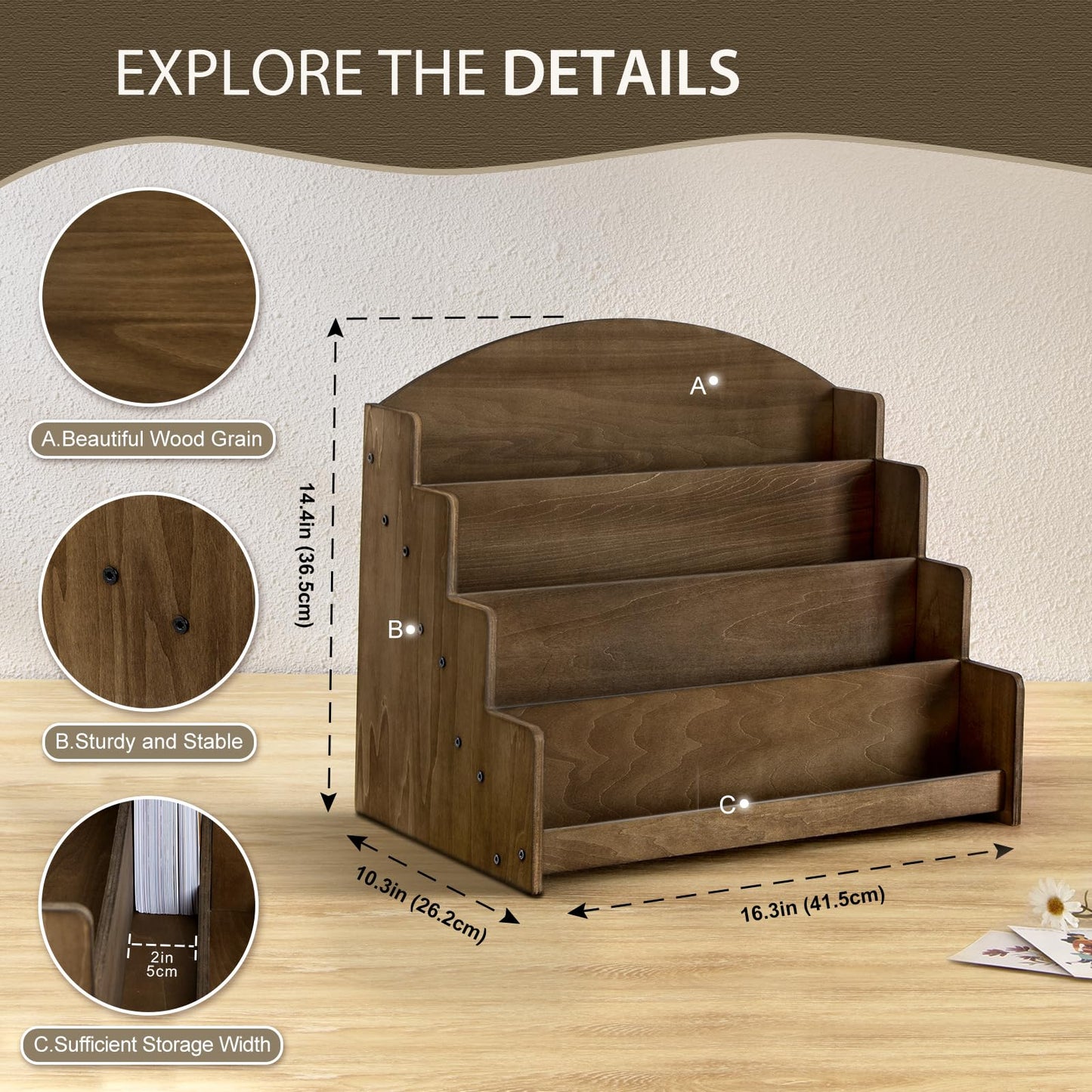 PUERSI Greeting Card Display Stand Holder - 4-Tier Wooden Organizer Rack for Retail Stores, Postcards, Stickers & Stationery Vendors, Brown