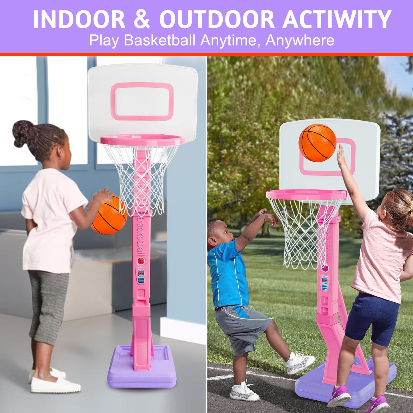 Basketball Hoop Indoor for Toddler, Adjustable Portable Basketball Hoop Set, Poolside Outdoor Backyard Outside Basketball Game Toy for Kids Age 3 4 5 6 7 8 (Pink Hoop)