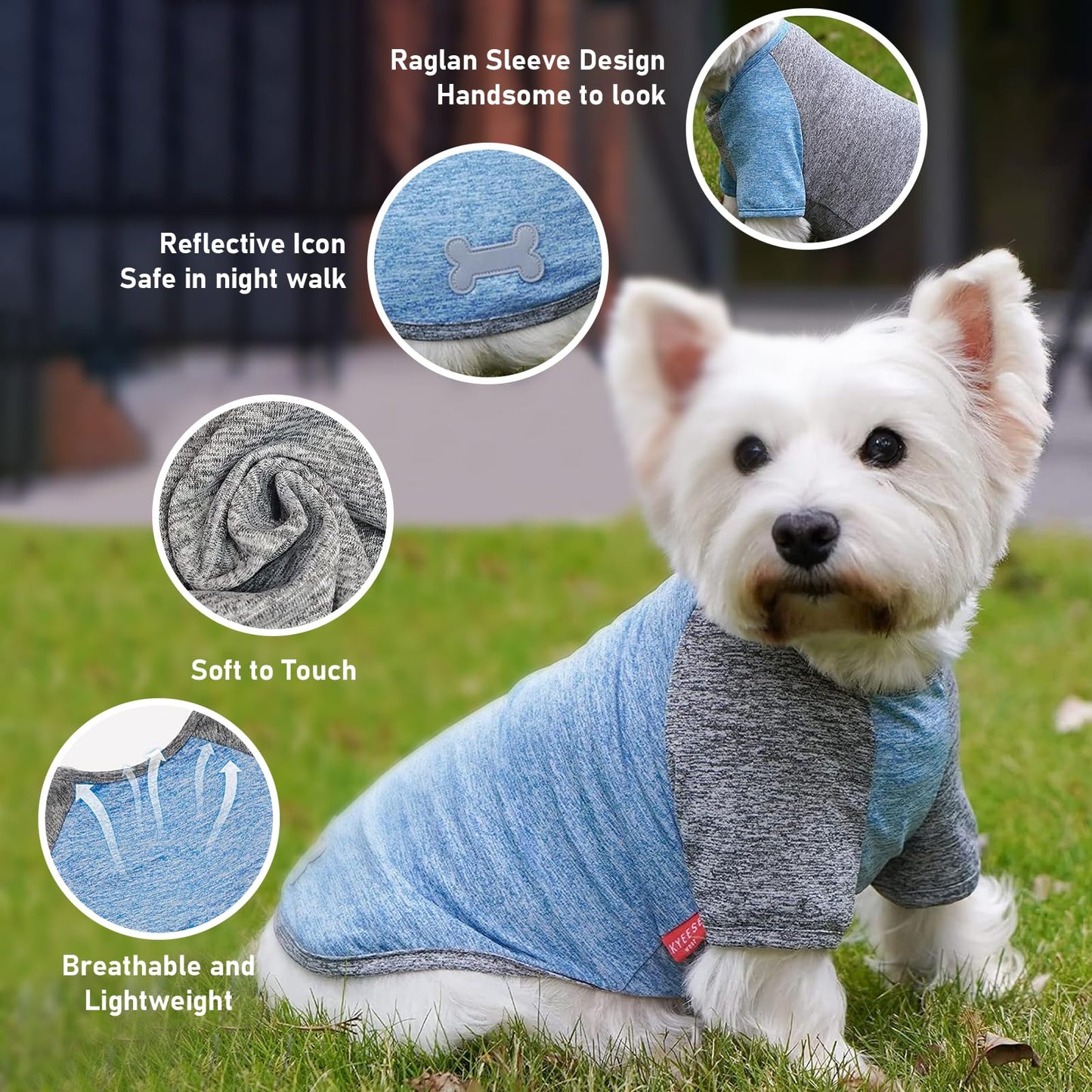 KYEESE 2 Pack Dog Shirts Quick Dry Raglan Sleeve Soft Stretchy Dog T-Shirts with Reflective Label Pet Clothes for Small Dogs