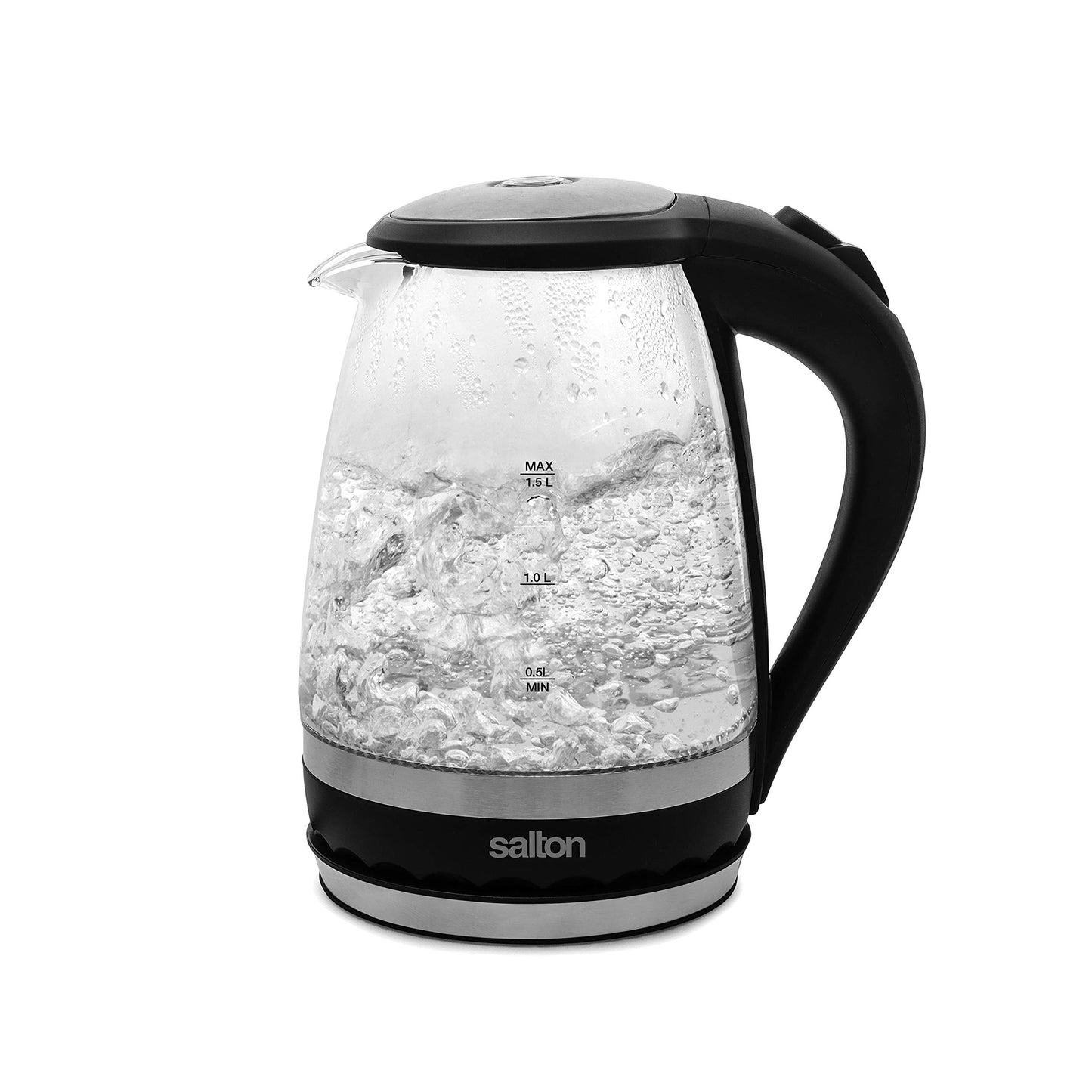 Salton Cordless Electric Glass Kettle - Compact 1.5L/Quart Water Boiler and Tea Heater with Automatic Shut-Off and Boil-Dry Protection, Soft Blue Illumination, Stainless Steel, 1100 Watts