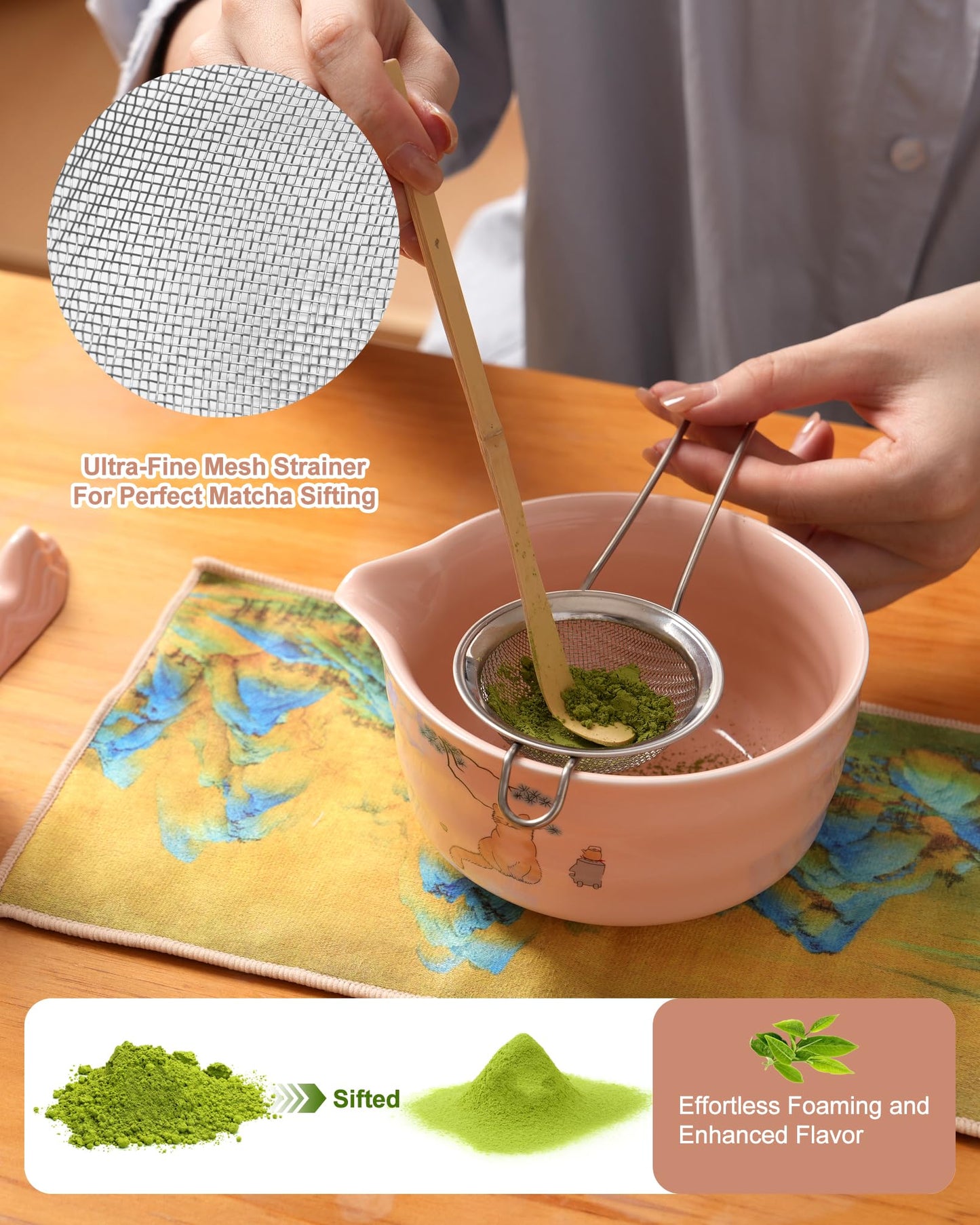 Matcha Whisk Set 7 Pcs Matcha Kit, Matcha Kit for Ceremony, Matcha Tea Set, Matcha Whisk and Ceramic Bowl with Matcha Scoop&Sifter, Used for Breakfast, Afternoon Matcha Tea (Pink)
