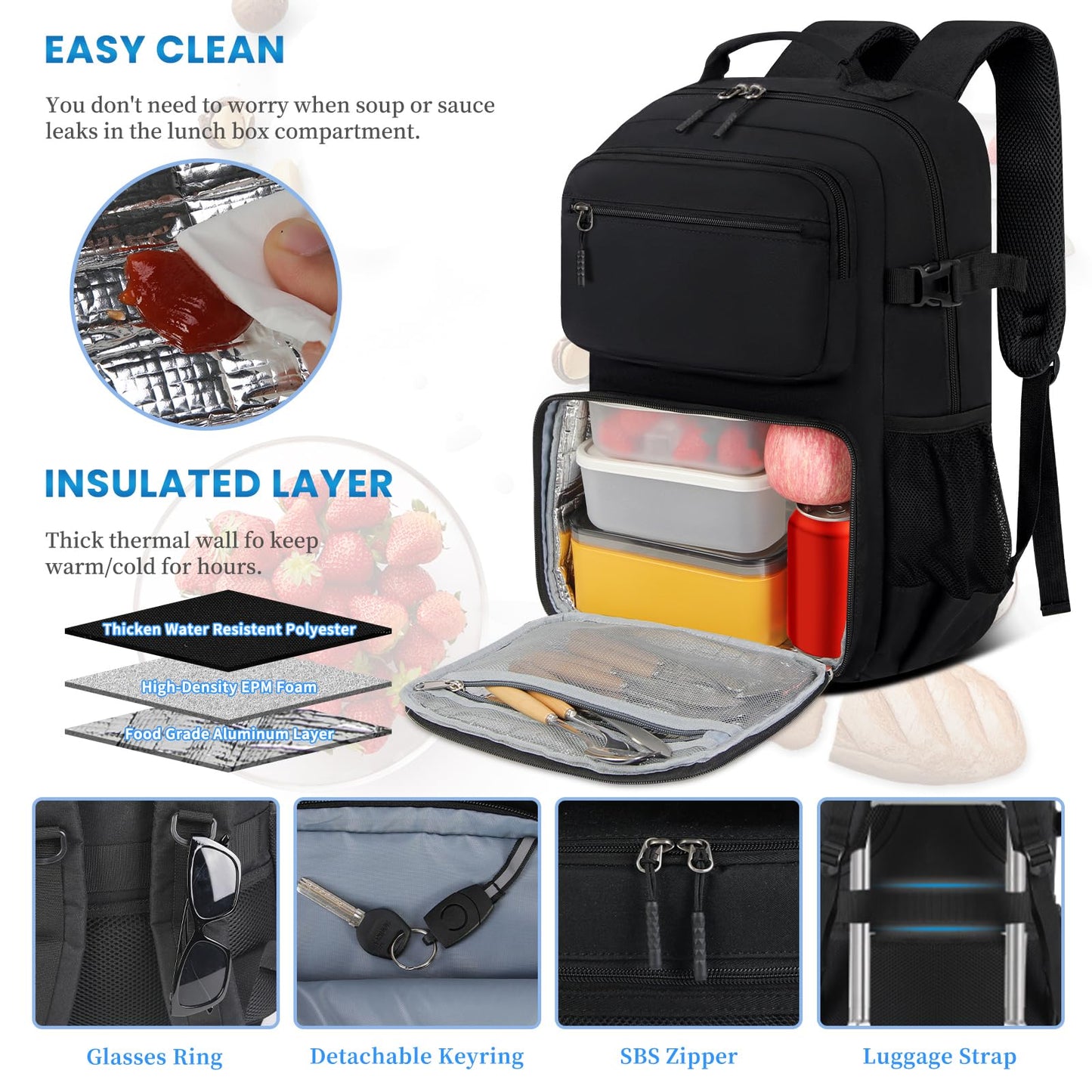 Lunch Backpack 15.6 Inch Laptop Travel Backpack with Insulated Bag Extra Large Backpack for Men Women Waterproof Computer Backpack for Work School College Business, Black
