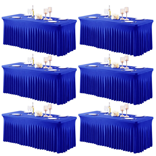 6 Packs Royal Blue Table Clothes for 6 Foot Rectangle Tables, One-Piece Wrinkle Resistant Stretch Spandex Table Covers with Skirt for Event Banquet Wedding Birthday Party