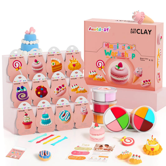 Air Dry Clay Kit - Cake Themed, Modeling Clay for Kids, DIY Model Magic Clay with Sculpting Tools and Tutorials, 12 Boxes Molding Clay, Ultra Light, Soft & Non-Sticky, Arts and Crafts Gift for Kids