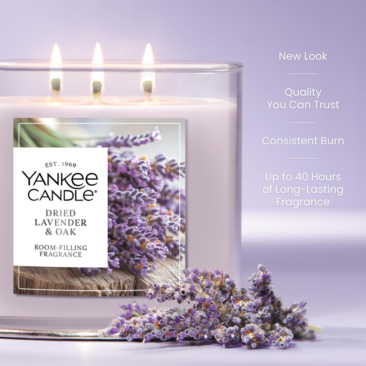 Yankee Candle 3 Wick Candle Jar, Scented Candle with up to 40 Hours of Burn Time, Premium Plant Wax Blend for Consistent Long Lasting Scent from First to Last Burn, Dried Lavender & Oak