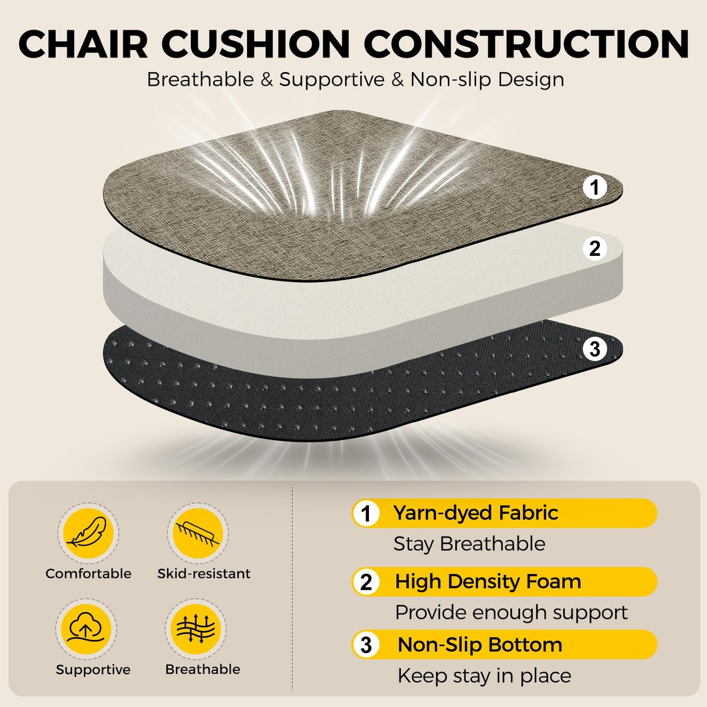 downluxe Indoor Chair Cushions for Dining Chairs, Soft and Comfortable Textured Memory Foam Kitchen Chair Pads with Ties and Non-Slip Backing, 16" x 16" x 2", Khaki, 4 Pack