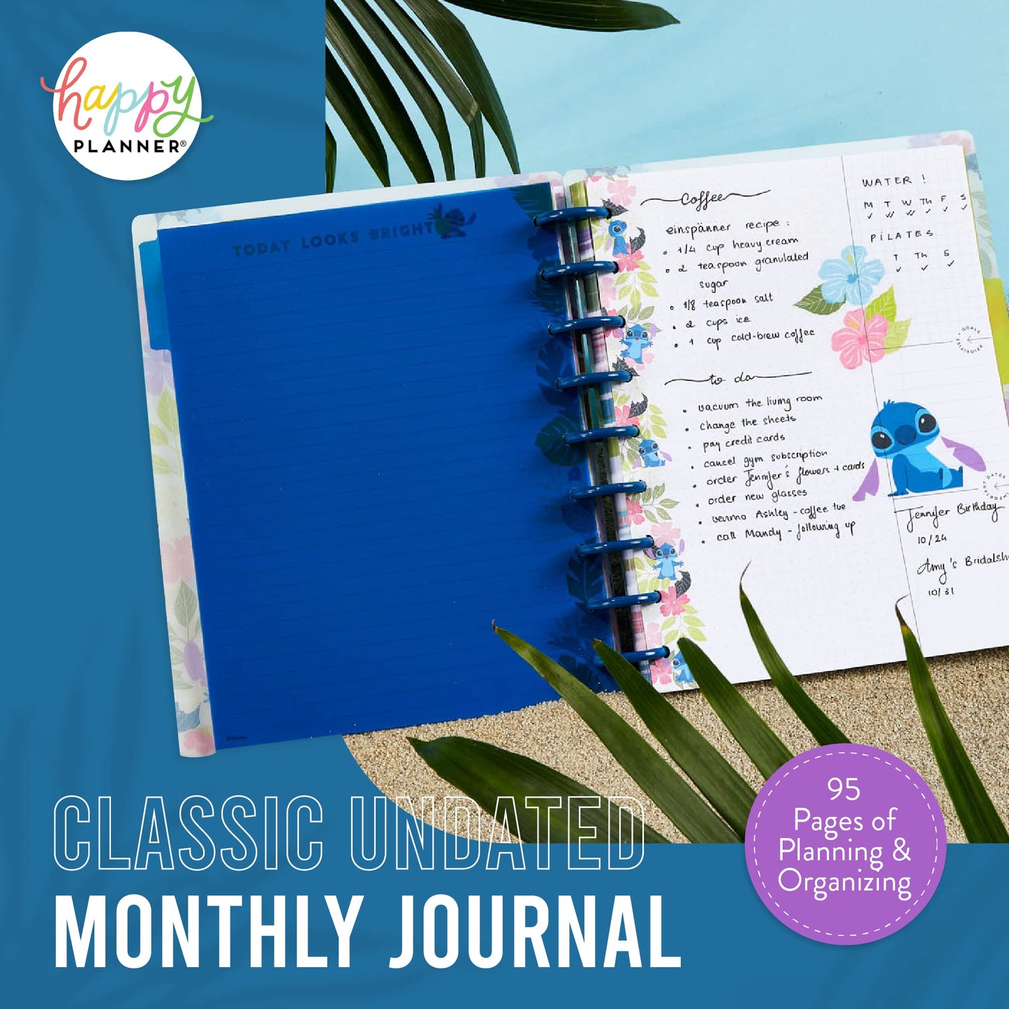 Happy Planner Disney Undated Journal & Planner by Day, Week or Month. 68 Pages for Notetaking. Perfect Organizer to Increase Productivity & Achieve Your Goals – Customizable with 4 Dividers & 6 Sticker Sheets Disney Aloha Stitch - Classic - 7" x 9.75"