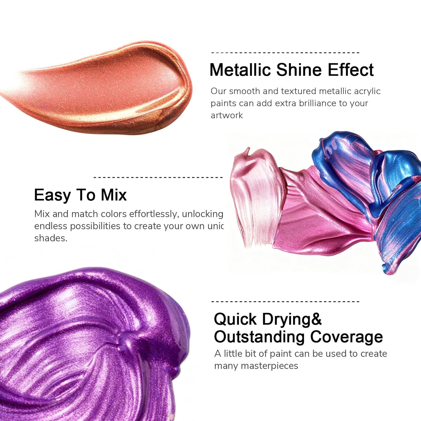 ABEIER Metallic Acrylic Paint, Set of 24 Metallic Colors in 2oz/60ml Bottle, Rich Pigments, Non Fading, Non Toxic Paints for Artist, Beginners, Painting on Rocks Crafts Canvas Wood, Fabric&Stone